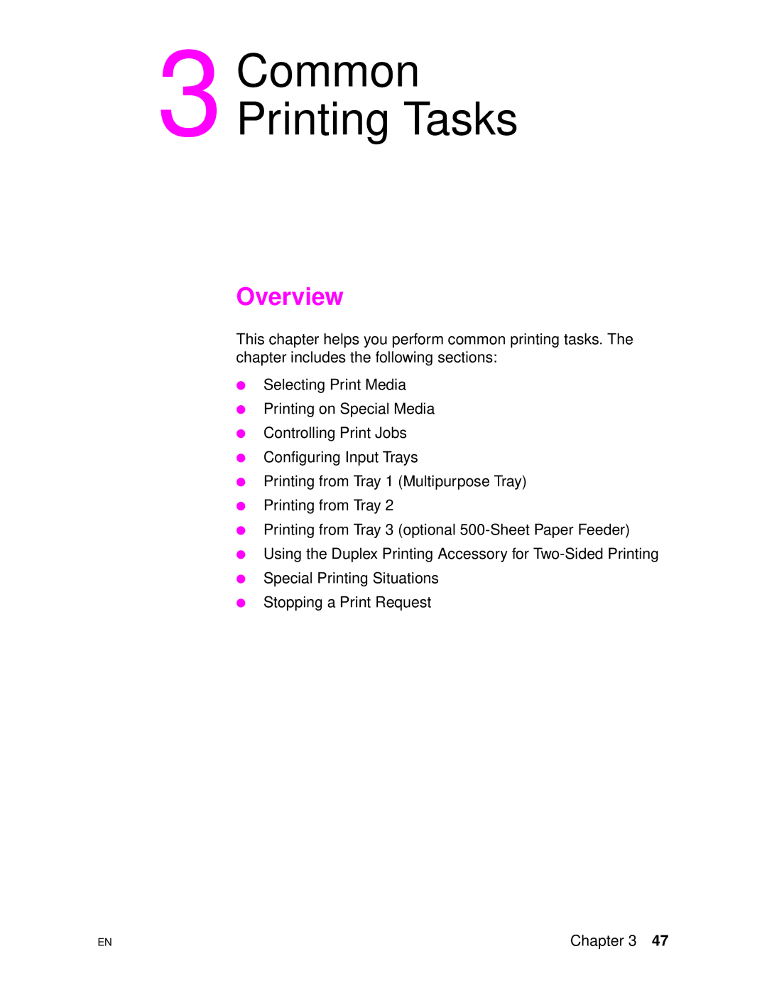 HP 4500DN manual Common Printing Tasks, Overview 