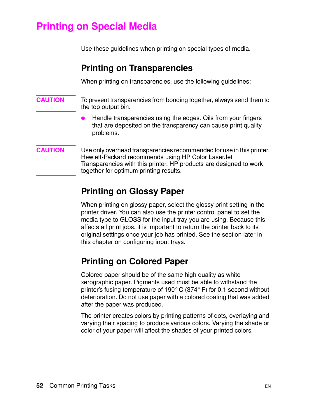 HP 4500DN manual Printing on Special Media, Printing on Transparencies, Printing on Glossy Paper, Printing on Colored Paper 