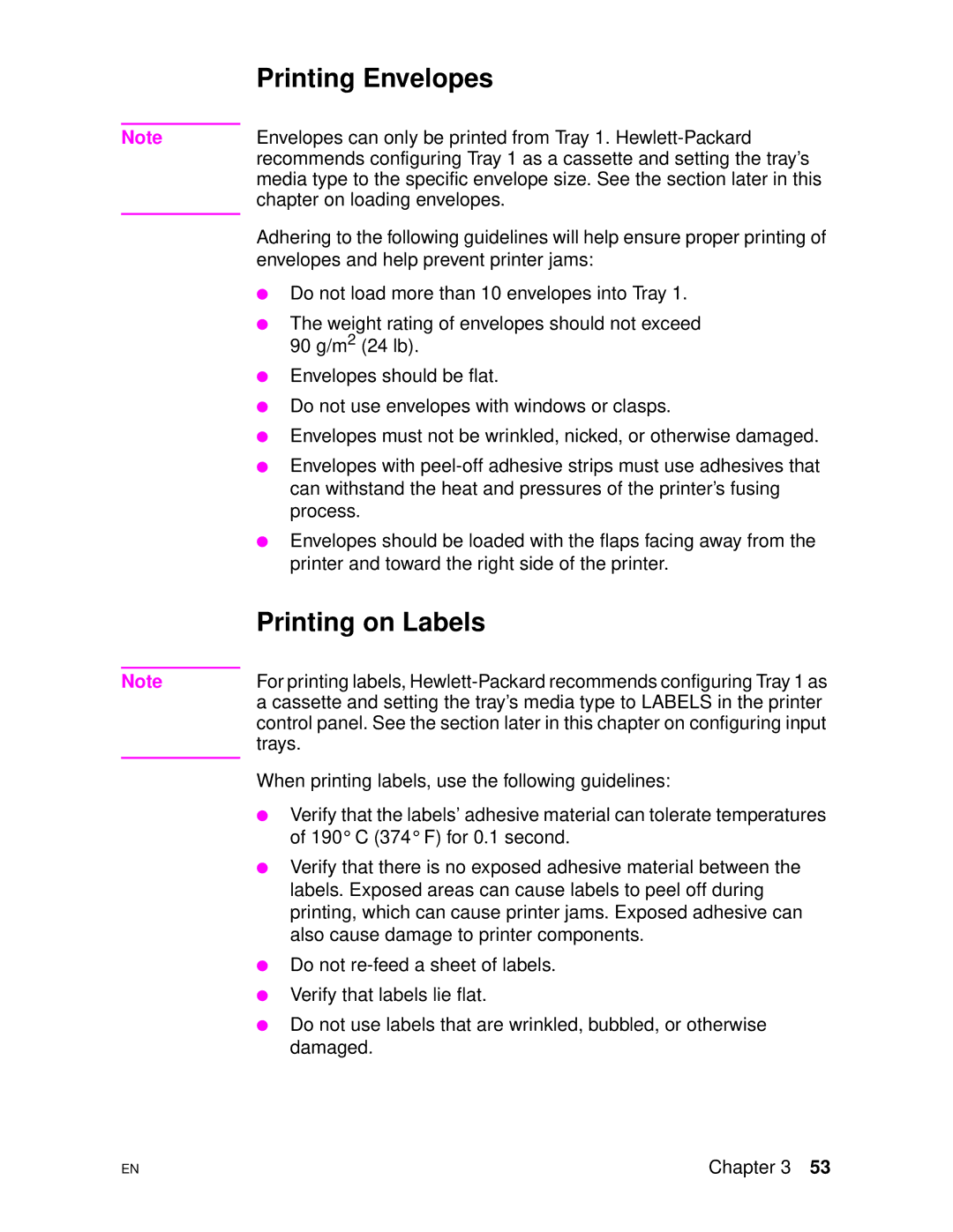 HP 4500DN manual Printing Envelopes, Printing on Labels 