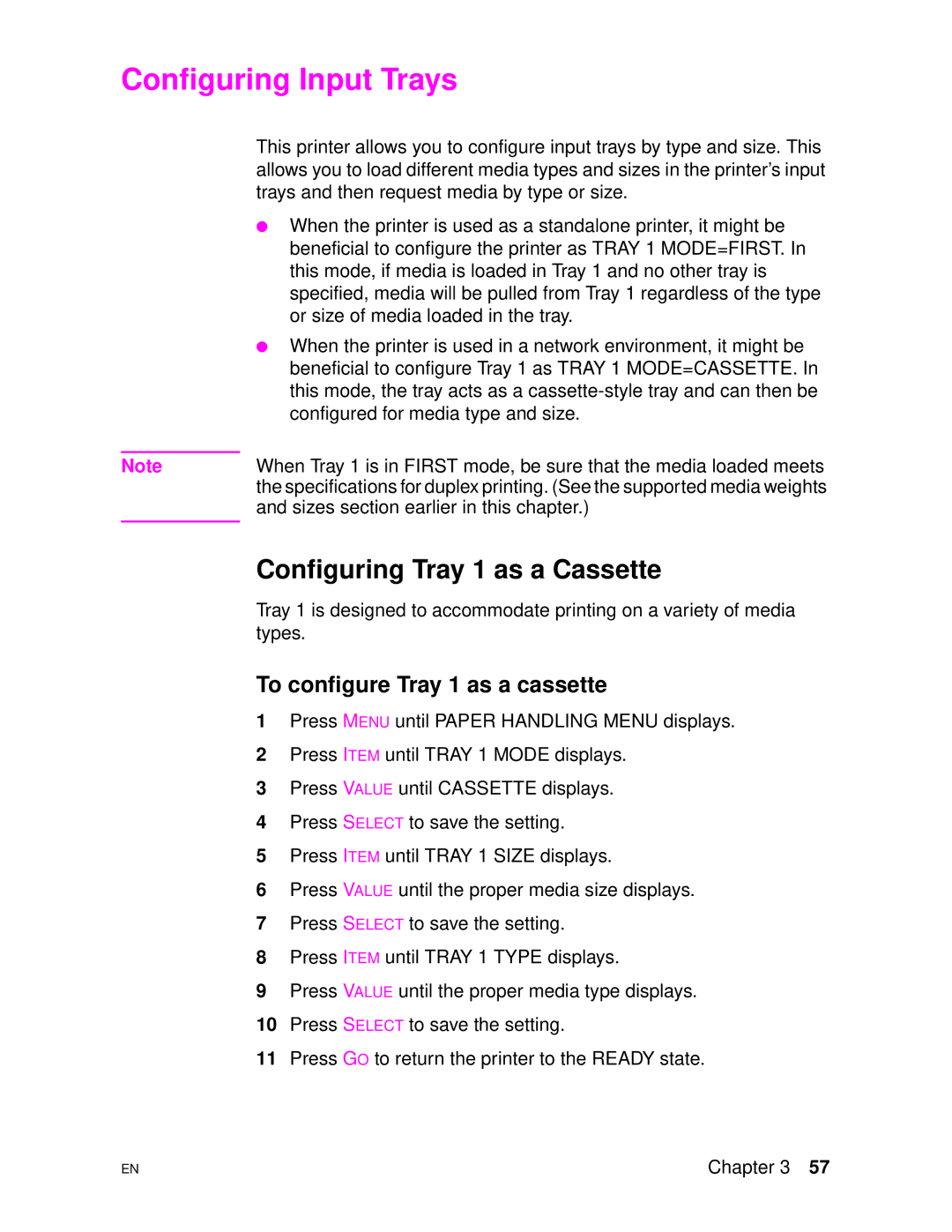 HP 4500DN manual Configuring Input Trays, Configuring Tray 1 as a Cassette, To configure Tray 1 as a cassette 