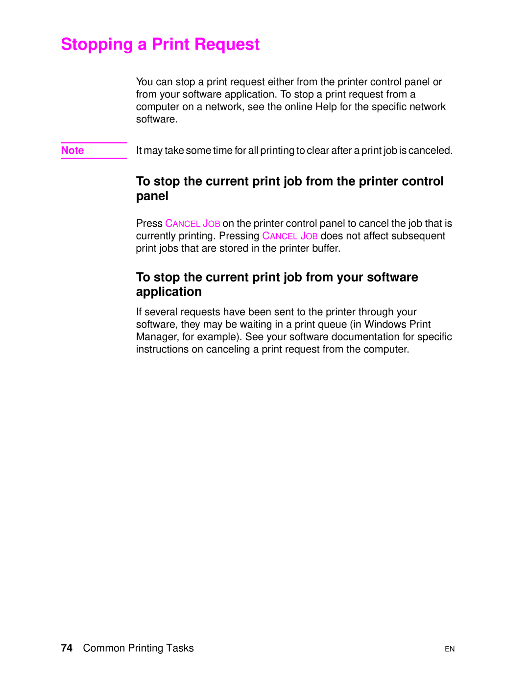 HP 4500DN manual Stopping a Print Request, To stop the current print job from the printer control, Panel, Application 