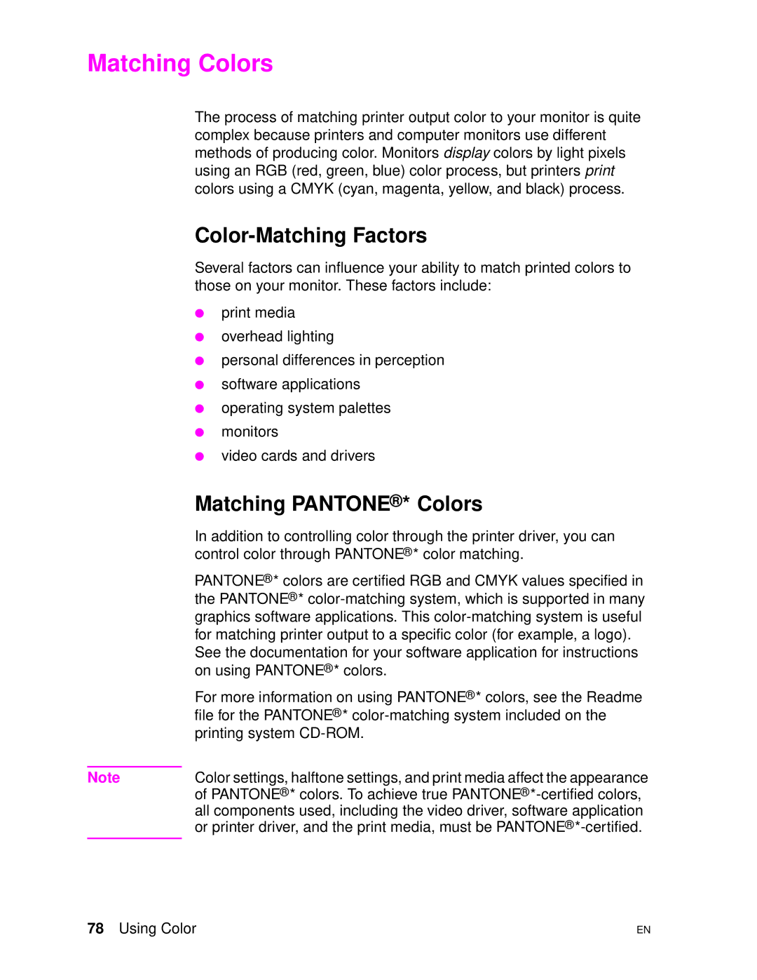 HP 4500DN manual Matching Colors, Color-Matching Factors, Matching Pantone * Colors 