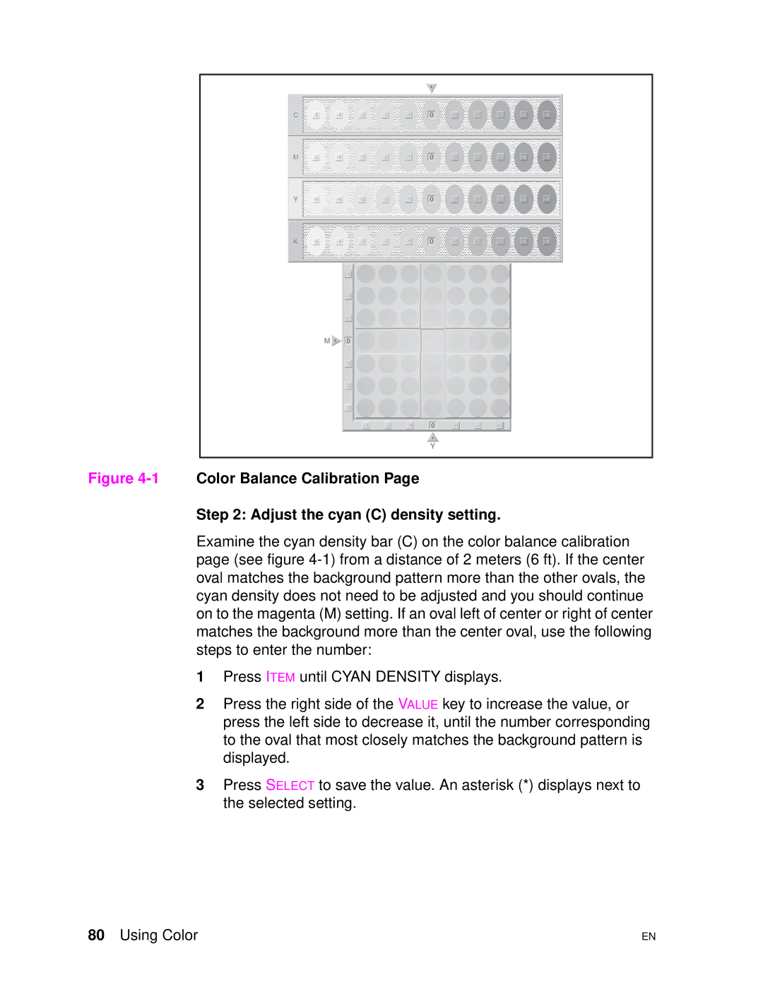 HP 4500DN manual 1Color Balance Calibration Adjust the cyan C density setting 