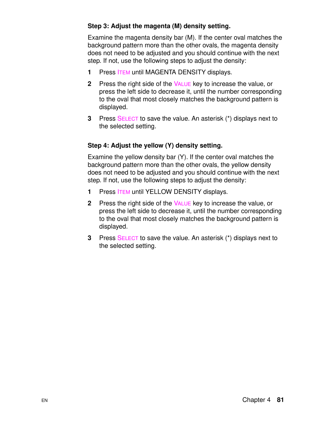 HP 4500DN manual Adjust the magenta M density setting, Adjust the yellow Y density setting 