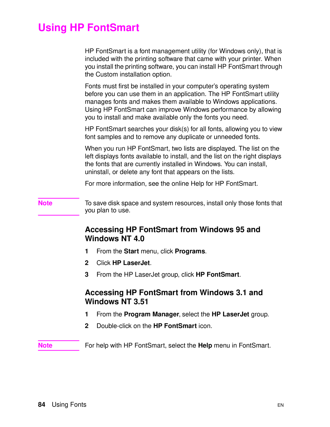 HP 4500DN manual Using HP FontSmart, Accessing HP FontSmart from Windows 95 and Windows NT, Click HP LaserJet 