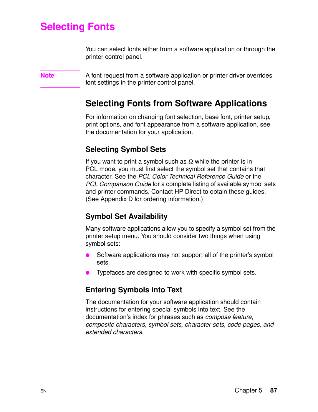 HP 4500DN manual Selecting Fonts from Software Applications, Selecting Symbol Sets, Symbol Set Availability 