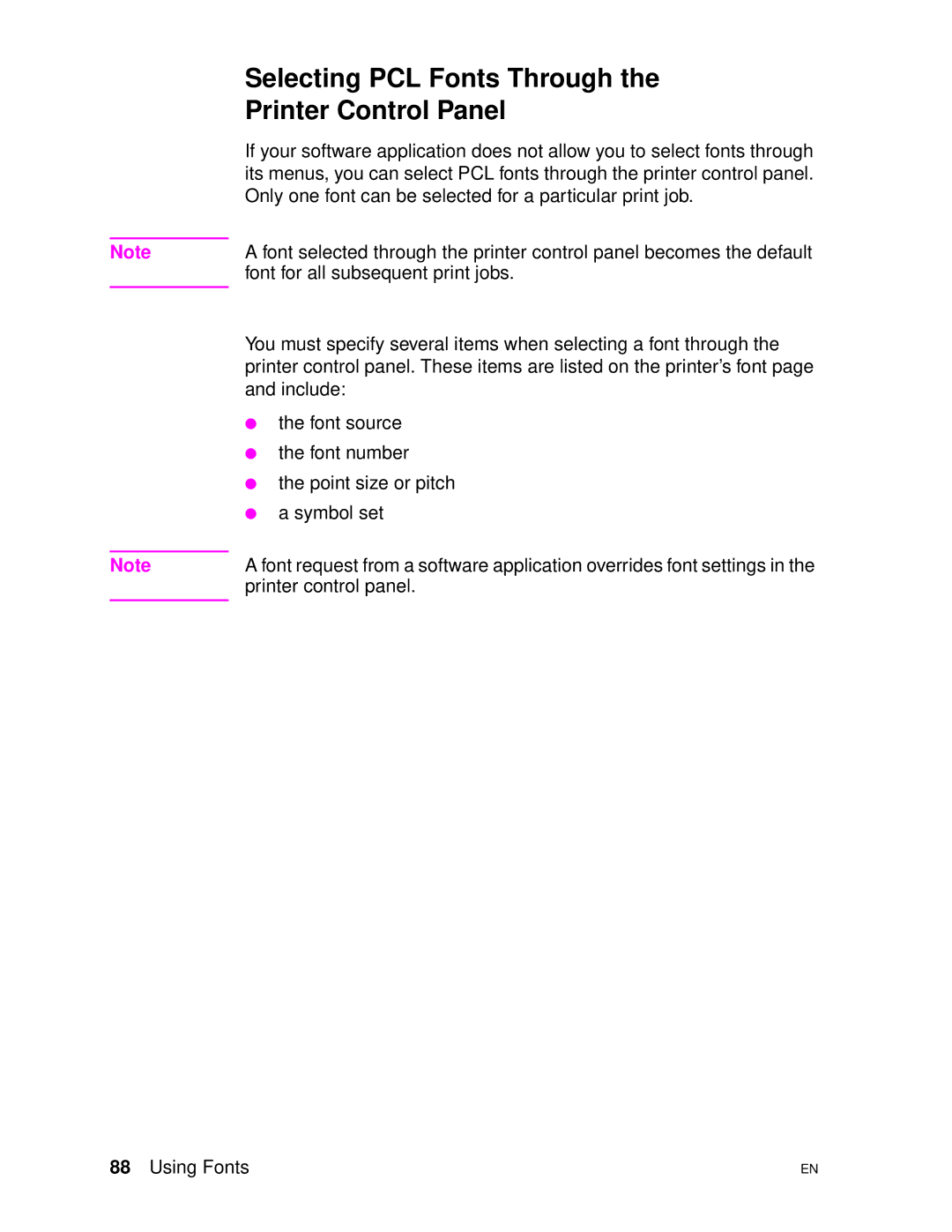 HP 4500DN manual Selecting PCL Fonts Through Printer Control Panel 