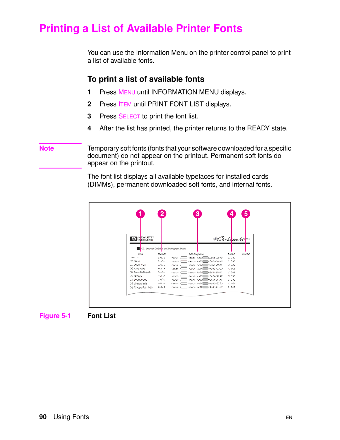 HP 4500DN manual Printing a List of Available Printer Fonts, To print a list of available fonts 