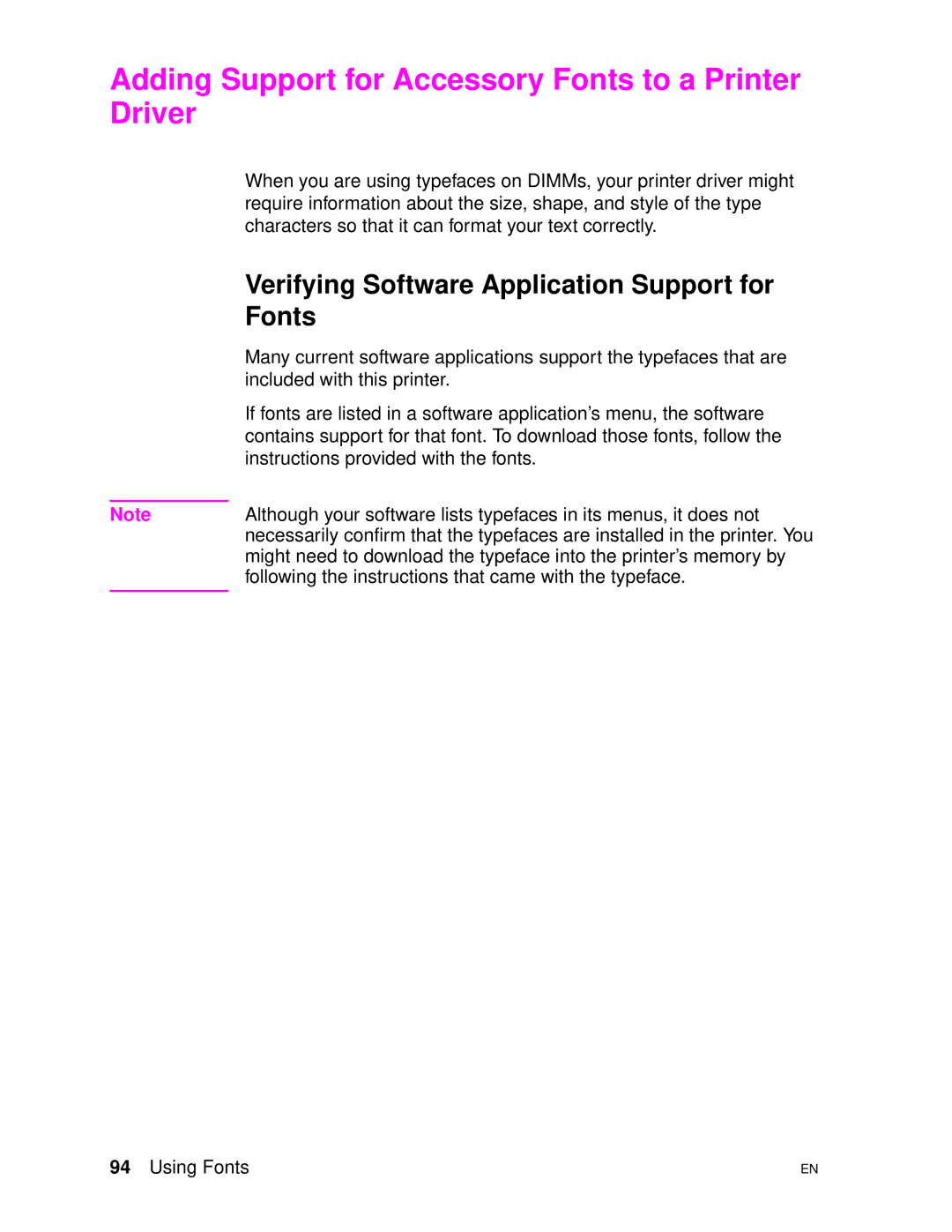 HP 4500DN manual Adding Support for Accessory Fonts to a Printer Driver, Verifying Software Application Support for 