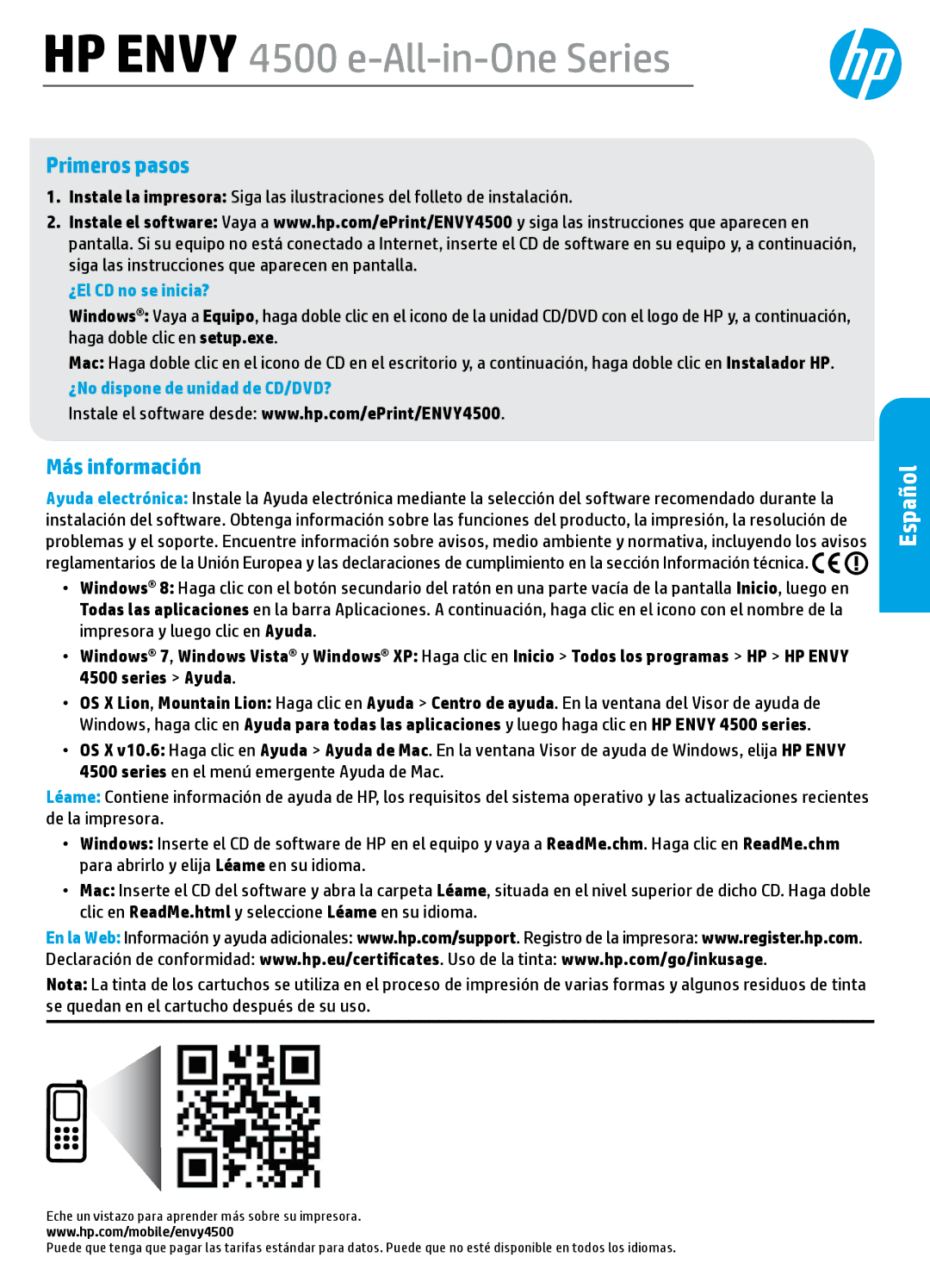 HP 4502, 4504, 4505, 4501 manual Primeros pasos, Más información, ¿El CD no se inicia?, ¿No dispone de unidad de CD/DVD? 