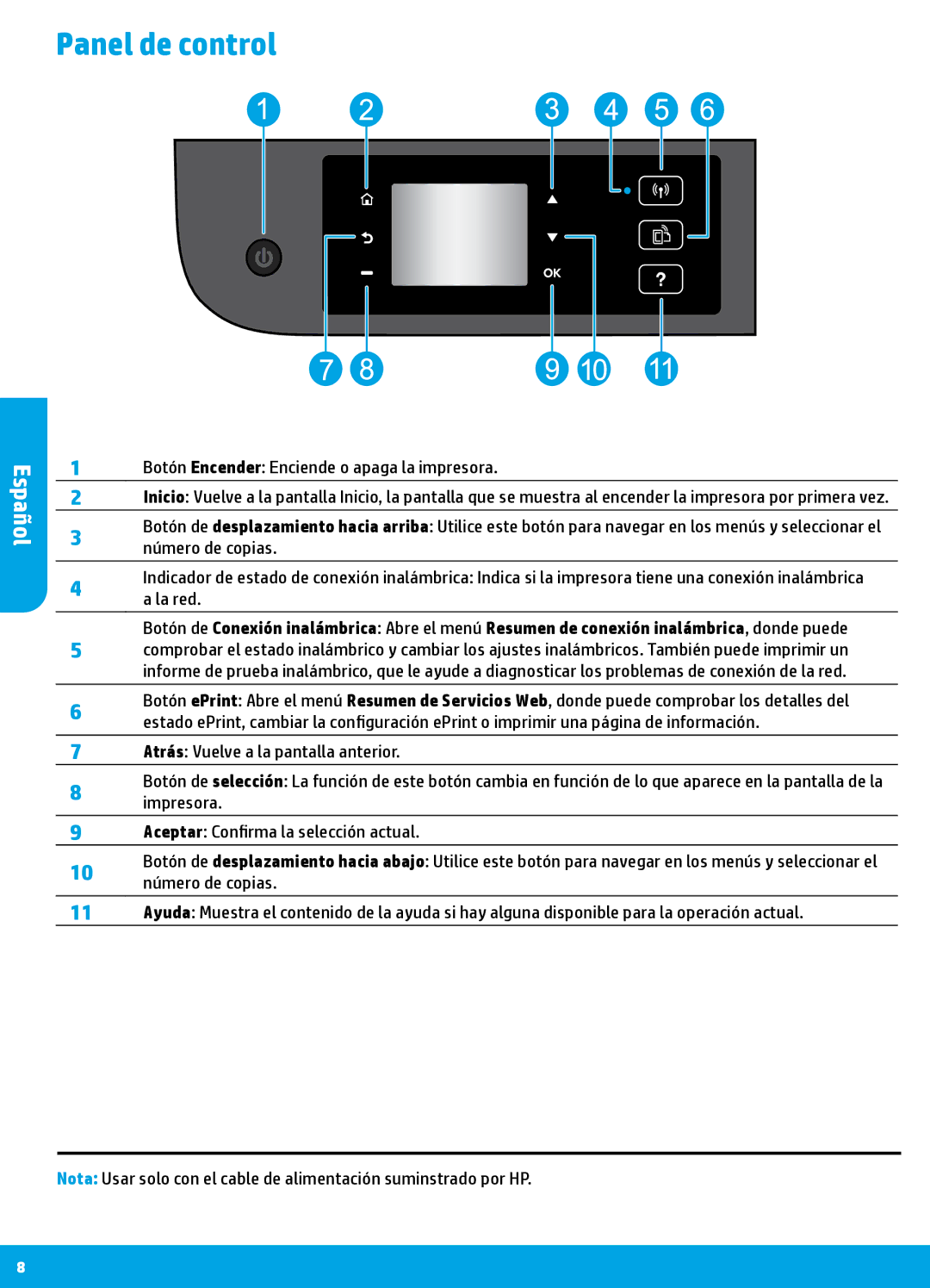 HP 4504, 4505, 4501, 4502 manual Panel de control, Botón Encender Enciende o apaga la impresora 