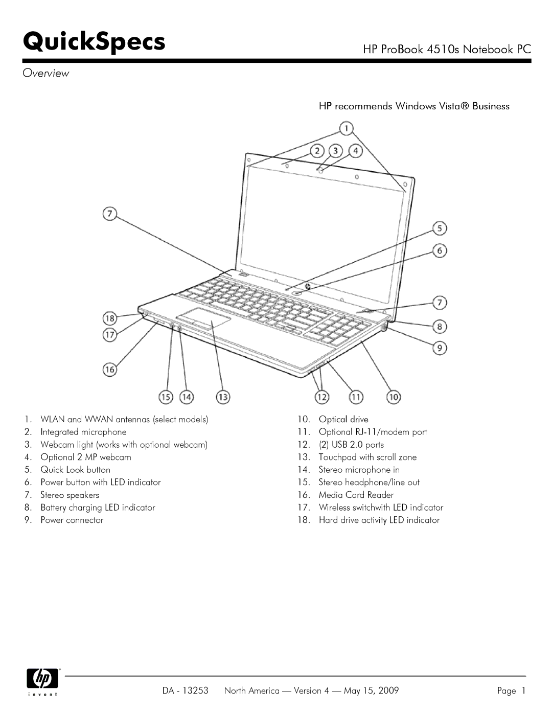 HP 4510S manual Power connector, DA 13253 North America Version 4 May 15 