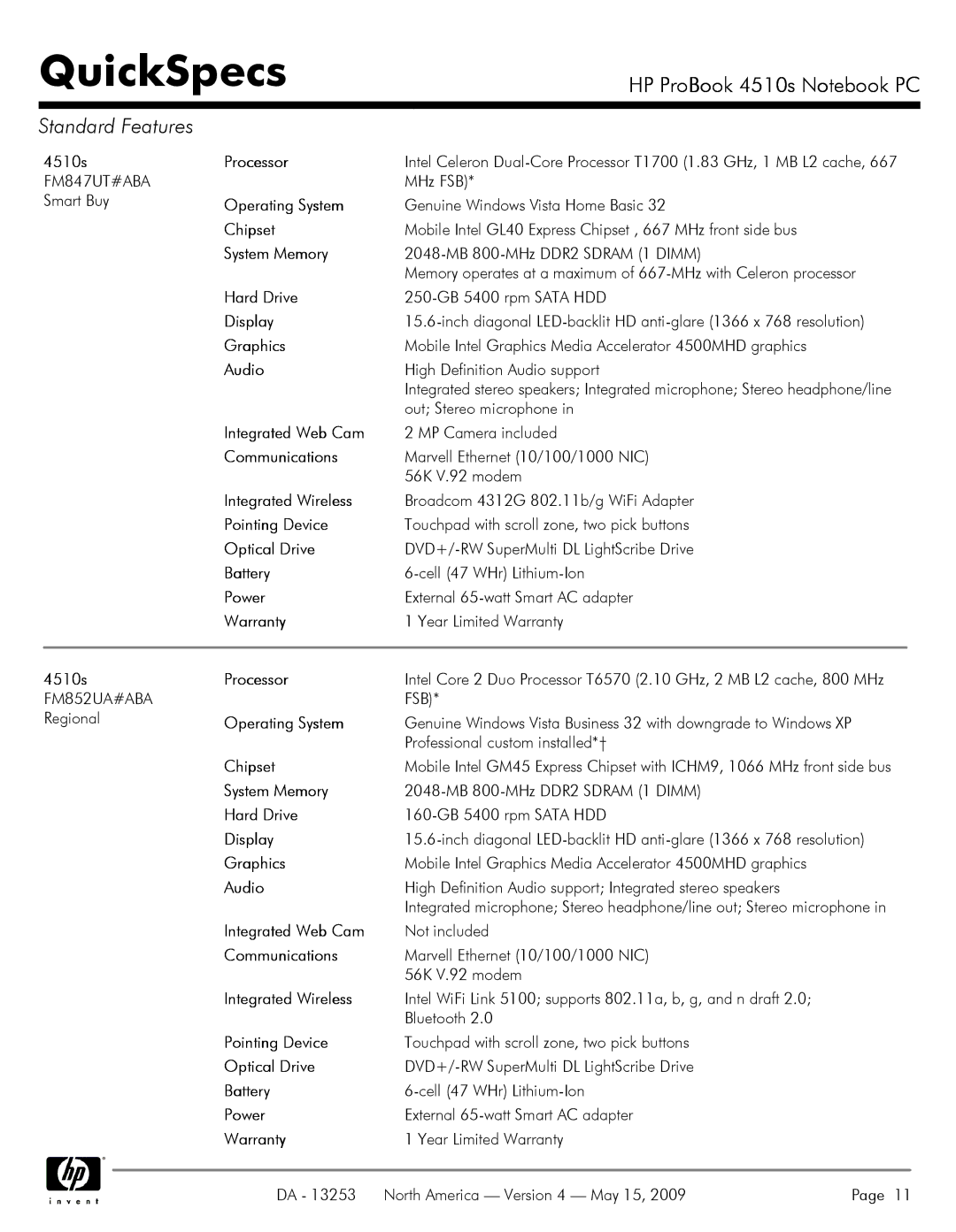 HP 4510S 4510s Processor, Operating System, System Memory, Hard Drive, Display, Audio, Integrated Web Cam, Optical Drive 