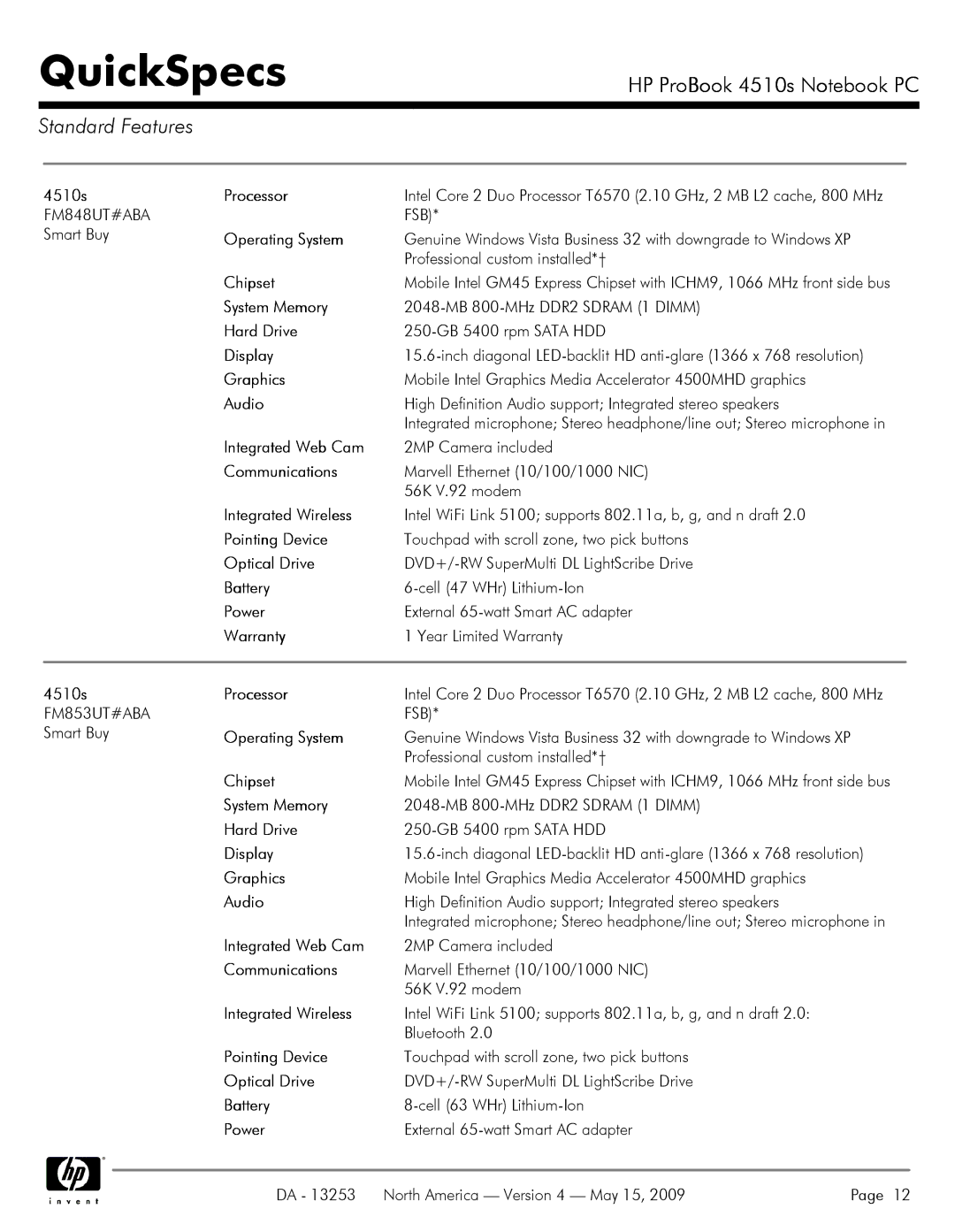 HP 4510S manual 2MP Camera included, Cell 63 WHr Lithium-Ion 