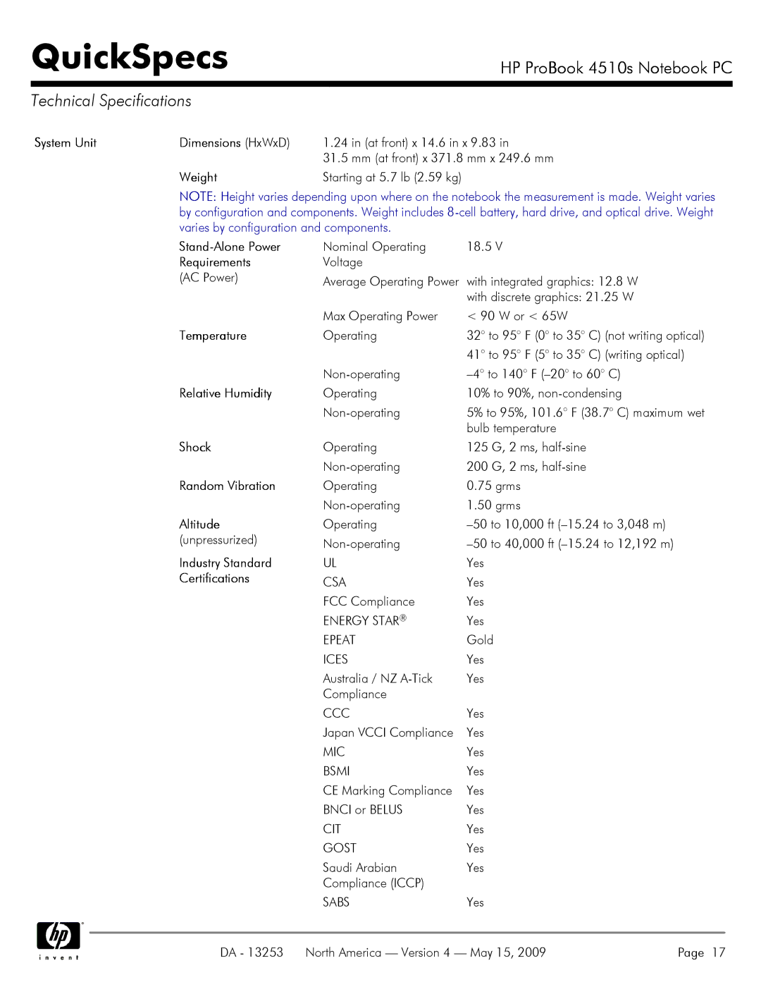 HP 4510S System Unit Dimensions HxWxD, Weight, Stand-Alone Power, Requirements, Temperature, Relative Humidity, Shock 