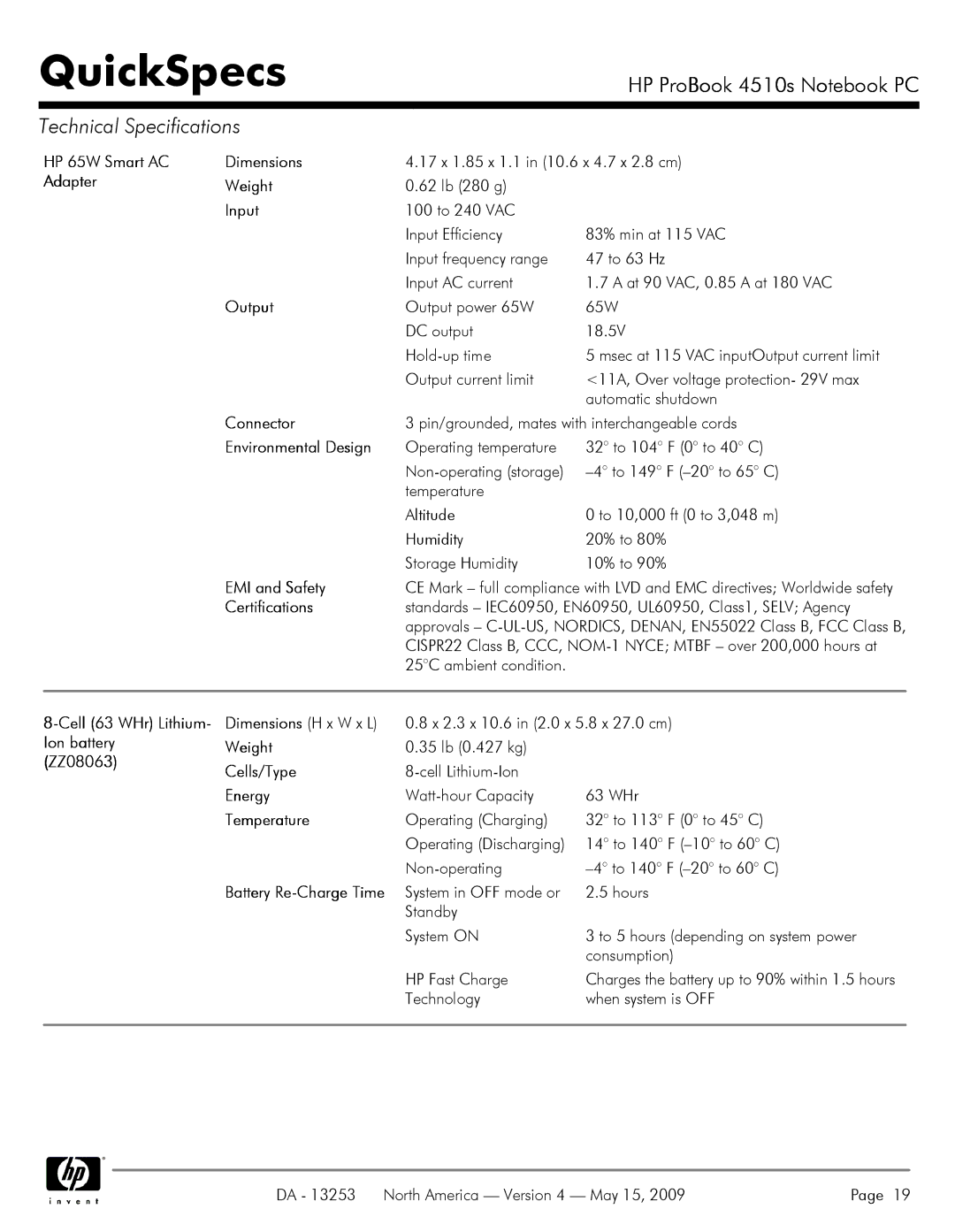 HP 4510S HP 65W Smart AC Dimensions, Cell 63 WHr Lithium Dimensions H x W x L, Ion battery Weight, ZZ08063 Cells/Type 
