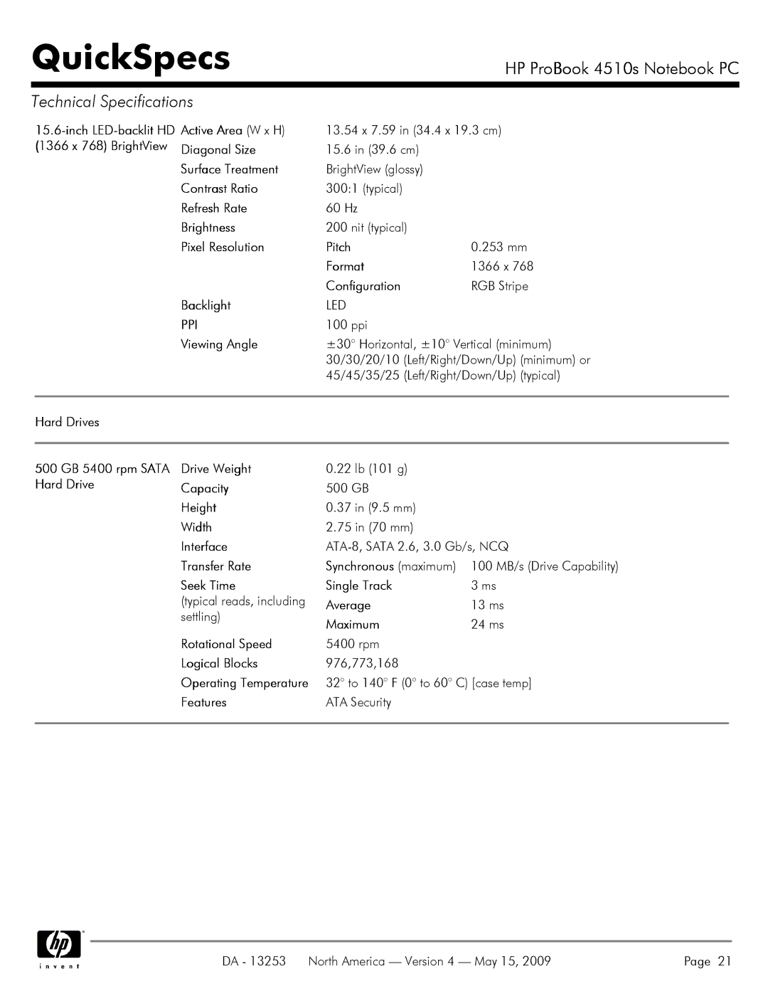 HP 4510S Active Area W x H, 1366 x 768 BrightView Diagonal Size, Pixel Resolution Pitch, Capacity, Height, Width, Average 