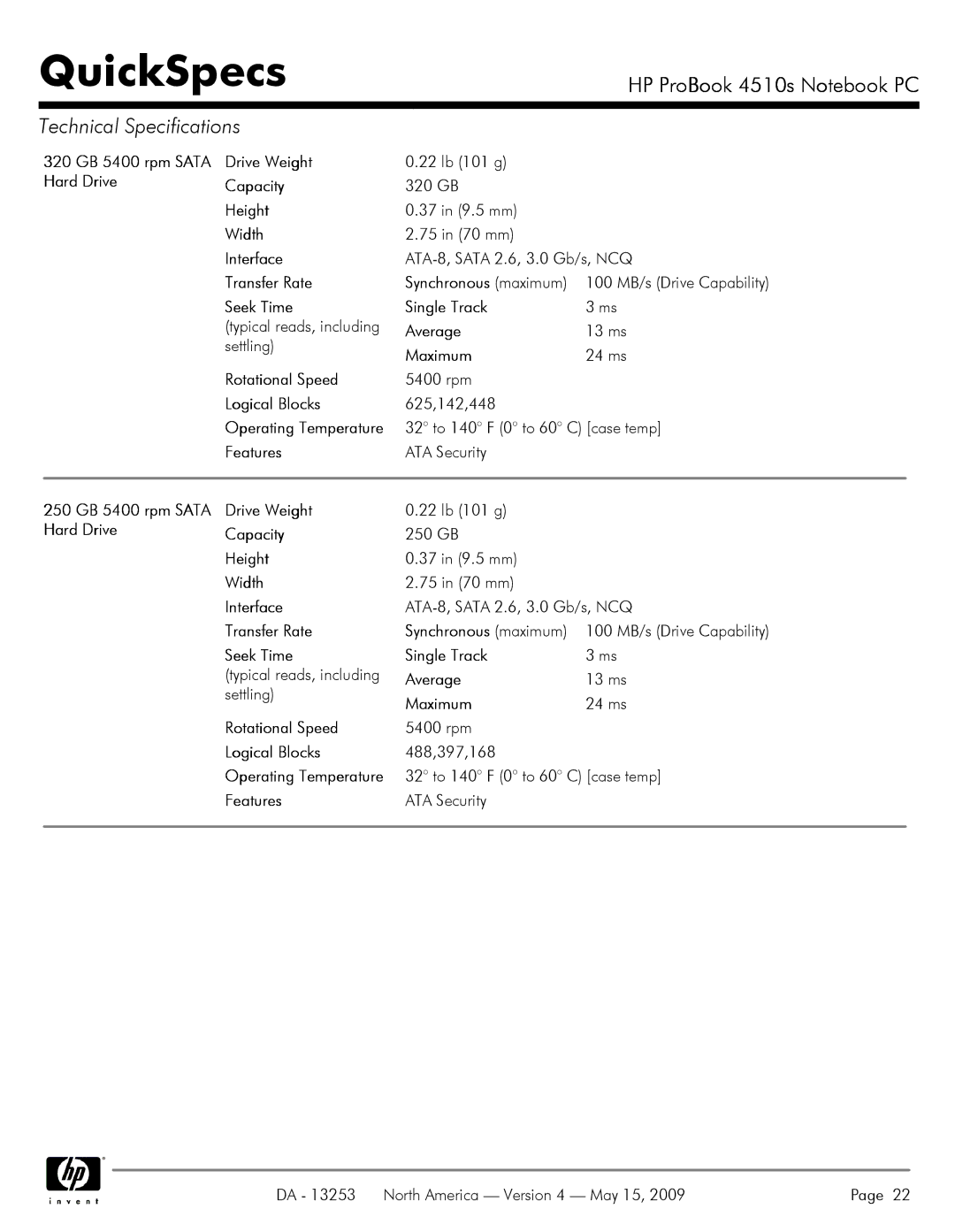 HP 4510S manual 320 GB 5400 rpm Sata Hard Drive Drive Weight, 250 GB 5400 rpm Sata Hard Drive Drive Weight 