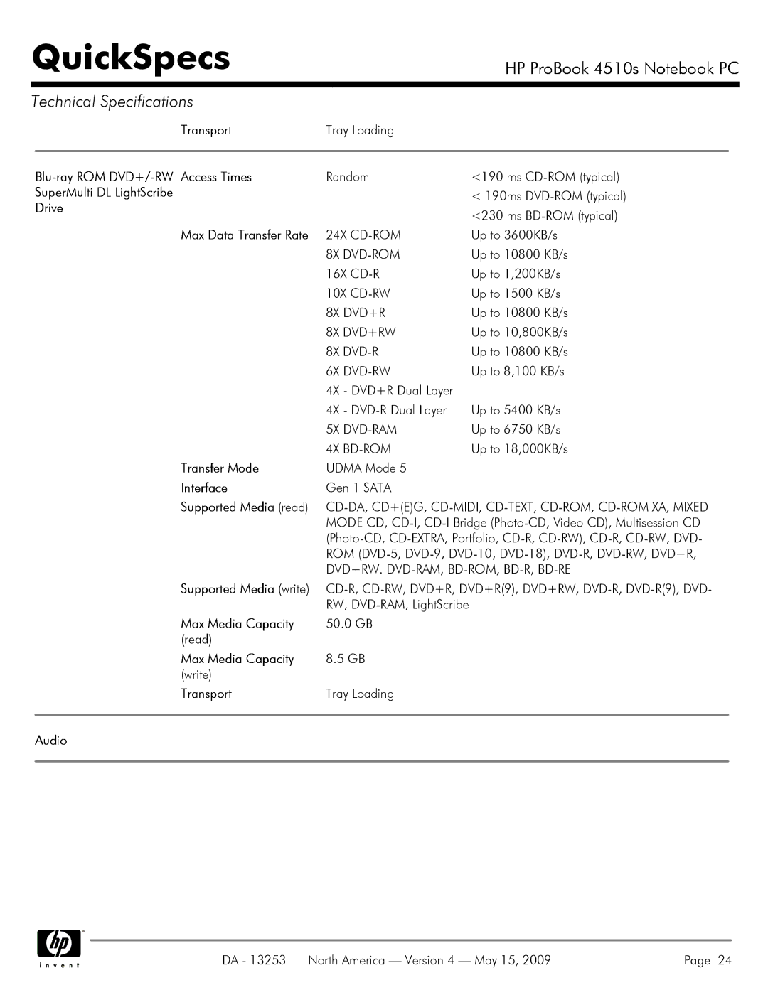 HP 4510S manual Transport, Blu-ray ROM DVD+/-RW Access Times, SuperMulti DL LightScribe, Drive 