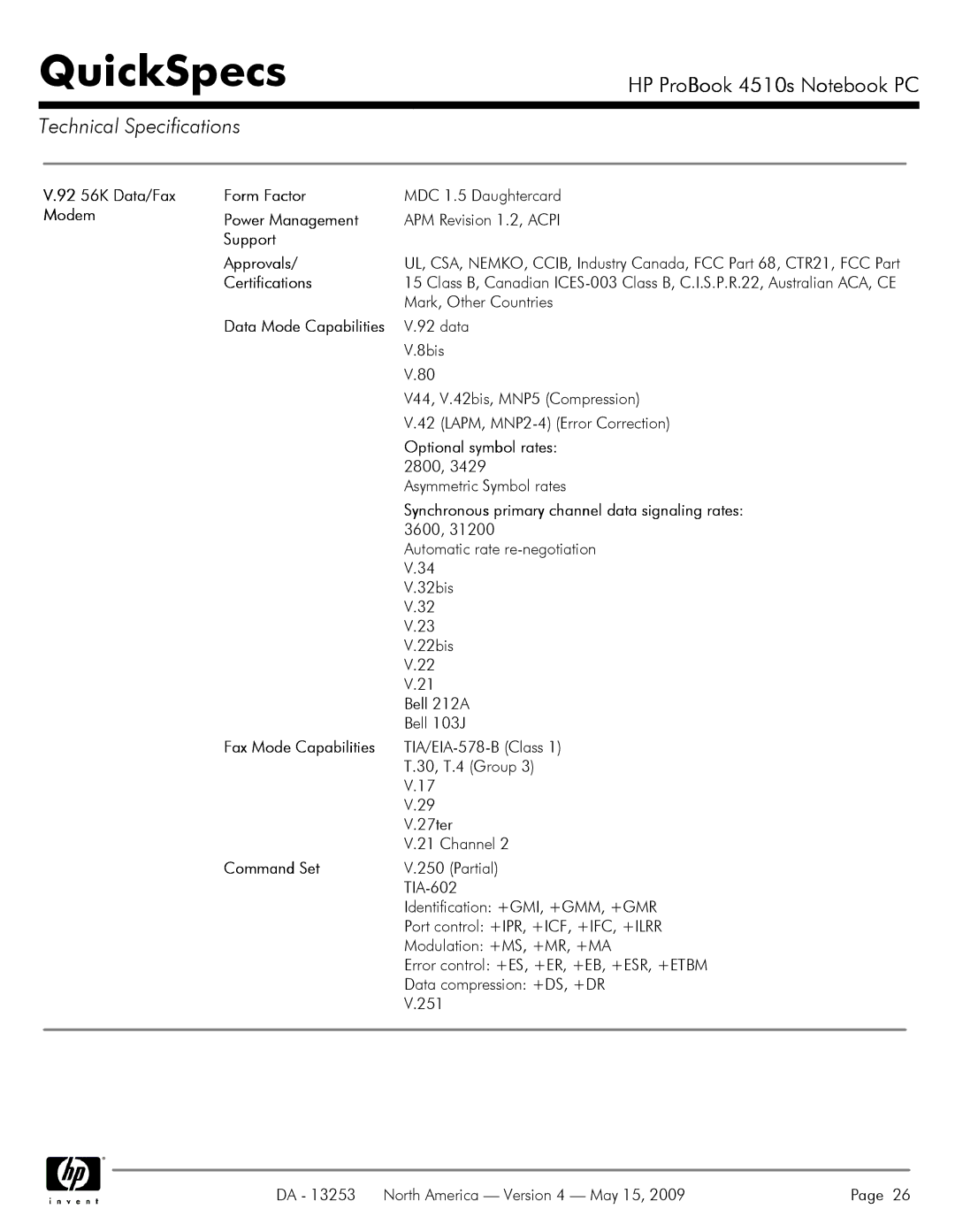 HP 4510S manual 92 56K Data/Fax Form Factor, Modem Power Management, Support Approvals, Optional symbol rates, Command Set 