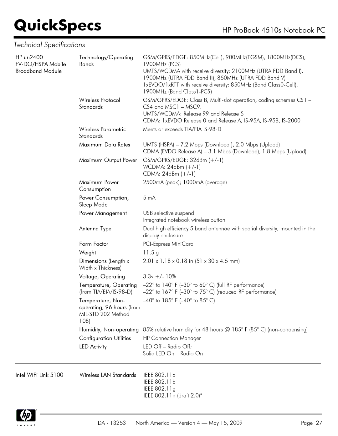 HP 4510S manual HP un2400 Technology/Operating, EV-DO/HSPA Mobile Bands, Wireless Protocol, Standards, Wireless Parametric 