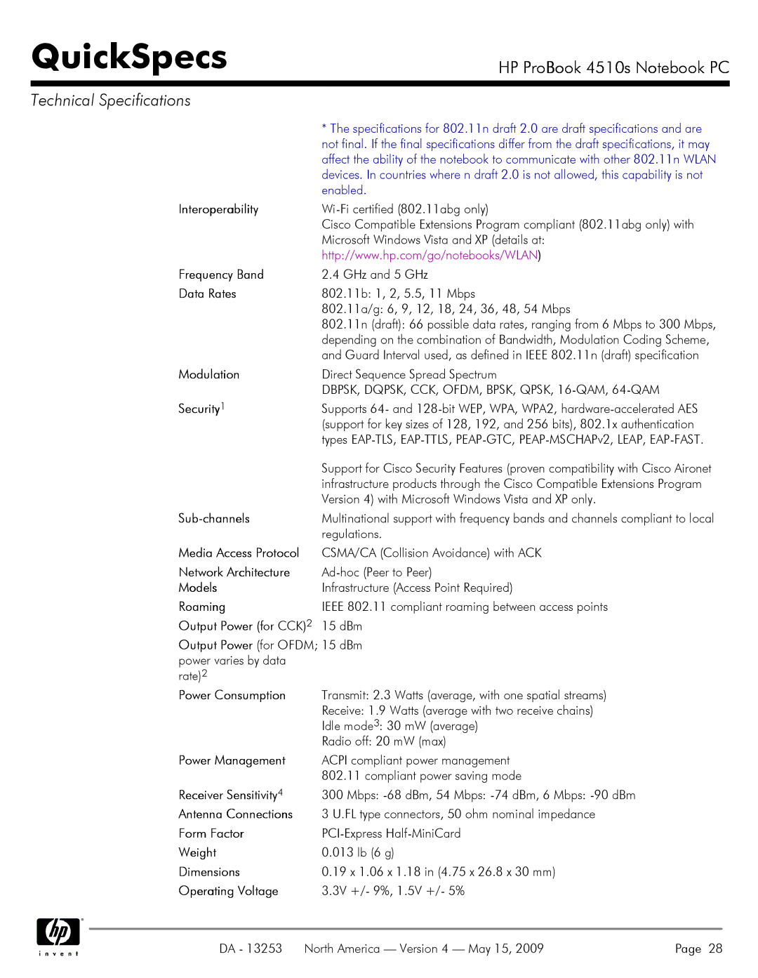 HP 4510S Interoperability, Frequency Band, Data Rates, Modulation, Sub-channels, Media Access Protocol, Models, Roaming 