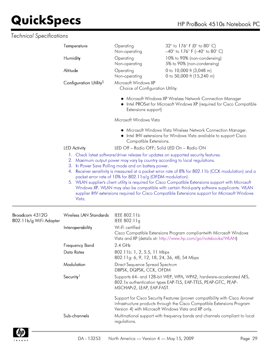 HP 4510S manual Humidity, Configuration Utility, 802.11b/g WiFi Adapter 