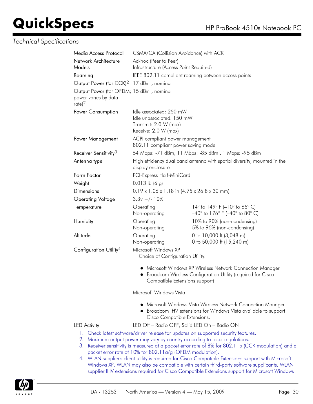 HP 4510S manual Mbps -71 dBm, 11 Mbps -85 dBm , 1 Mbps -95 dBm, Microsoft Windows XP Choice of Configuration Utility 