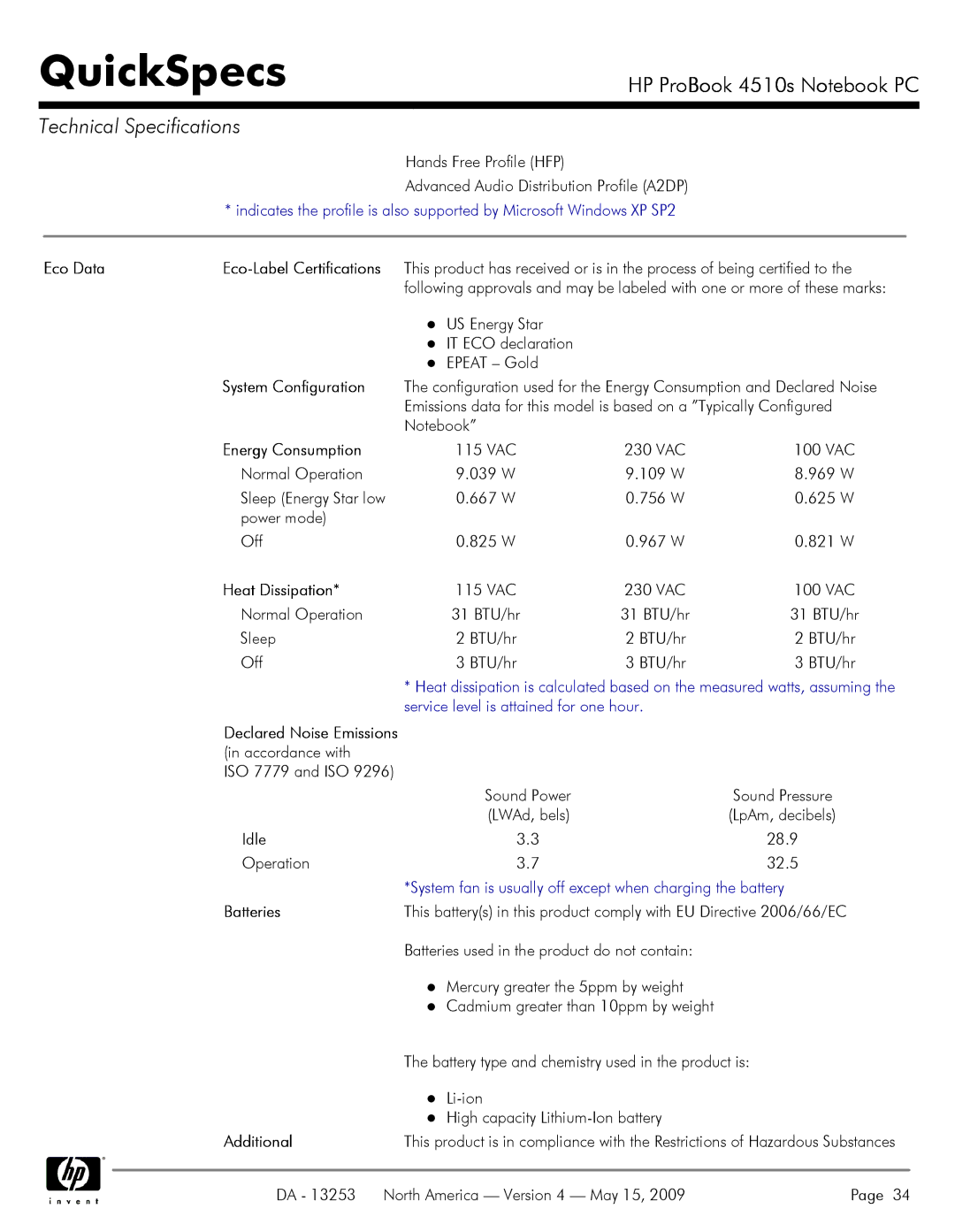 HP 4510S manual Eco Data Eco-Label Certifications, System Configuration, Energy Consumption, Heat Dissipation, Batteries 