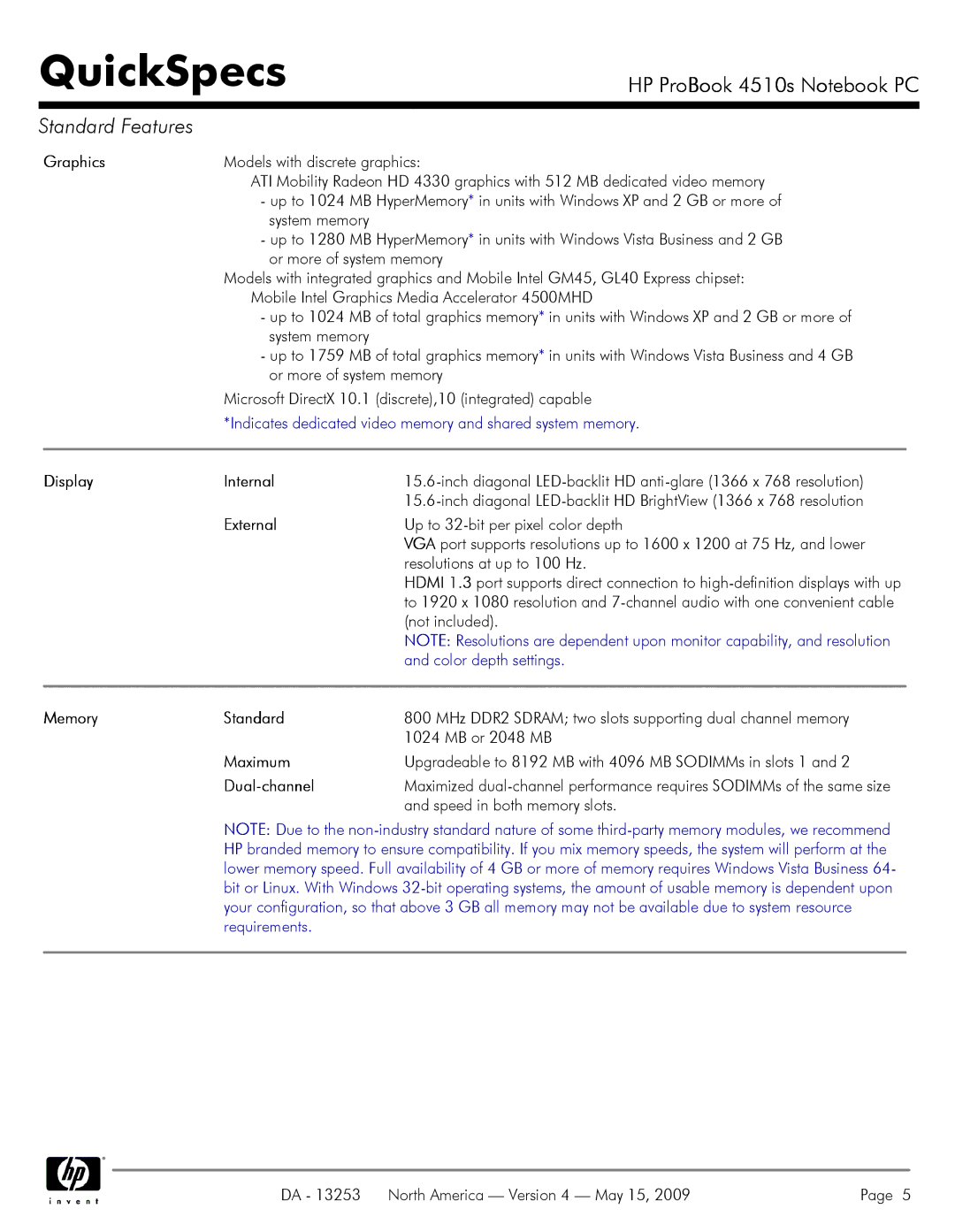 HP 4510S manual Graphics, Display Internal, External, Memory Standard, Maximum, Dual-channel 