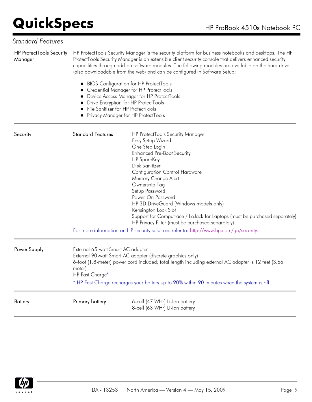 HP 4510S manual Manager, Security Standard Features, Power Supply, Battery Primary battery 