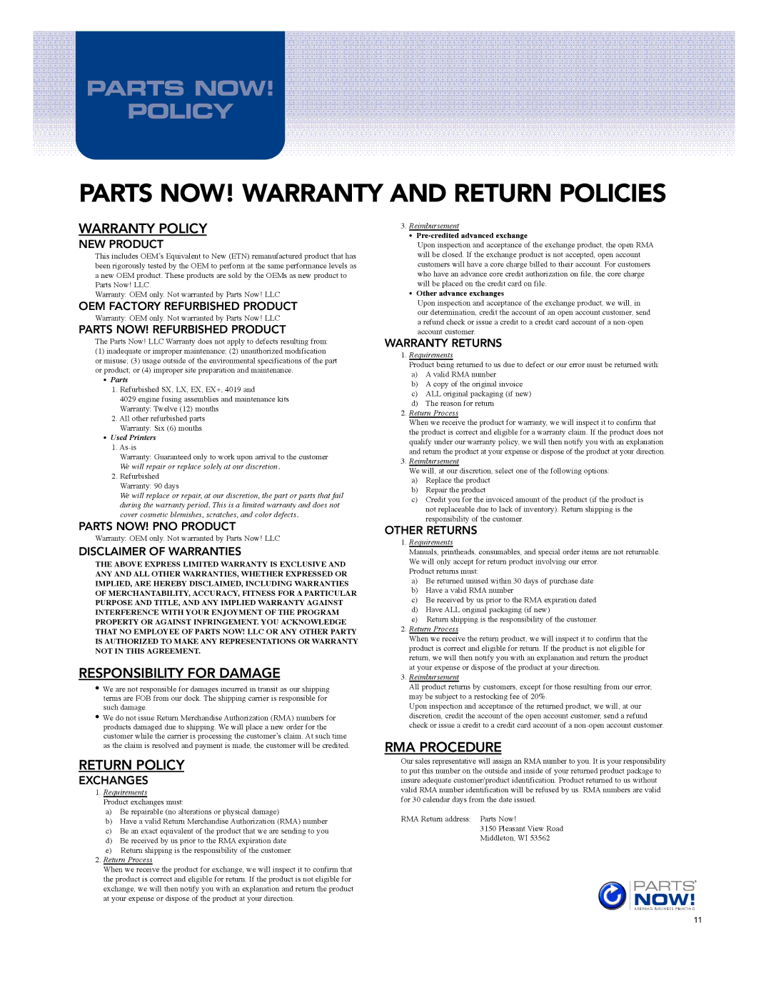 HP 4015, 4515, 4014 manual Parts NOW! Warranty and Return Policies 