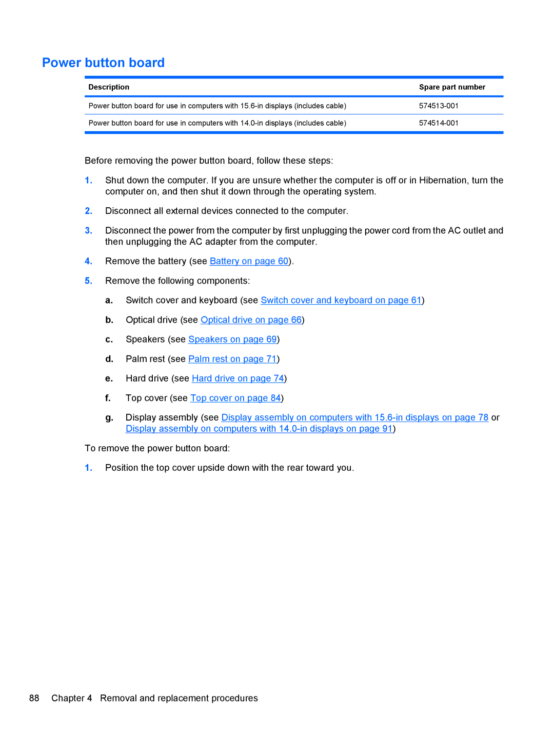 HP 4416S, 4515S, 4415S manual Power button board, Description Spare part number 