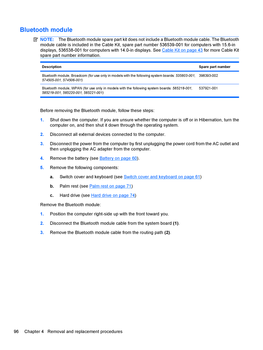 HP 4515S, 4416S, 4415S manual Bluetooth module, Description Spare part number 
