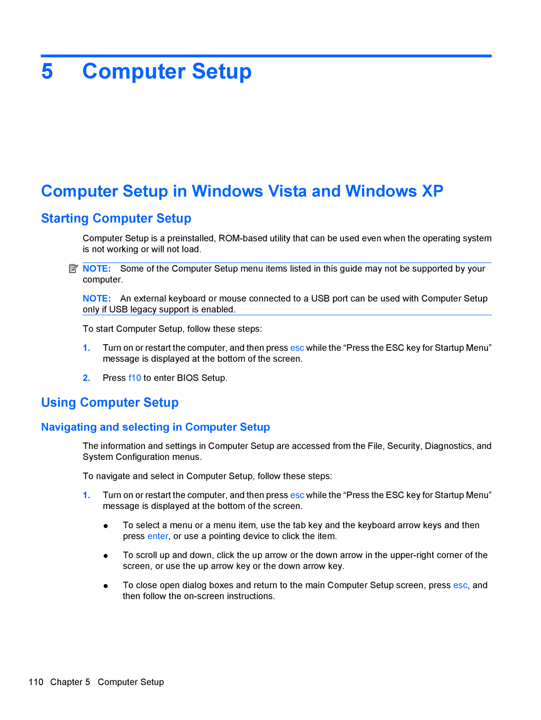 HP 4415S, 4515S, 4416S Computer Setup in Windows Vista and Windows XP, Starting Computer Setup, Using Computer Setup 