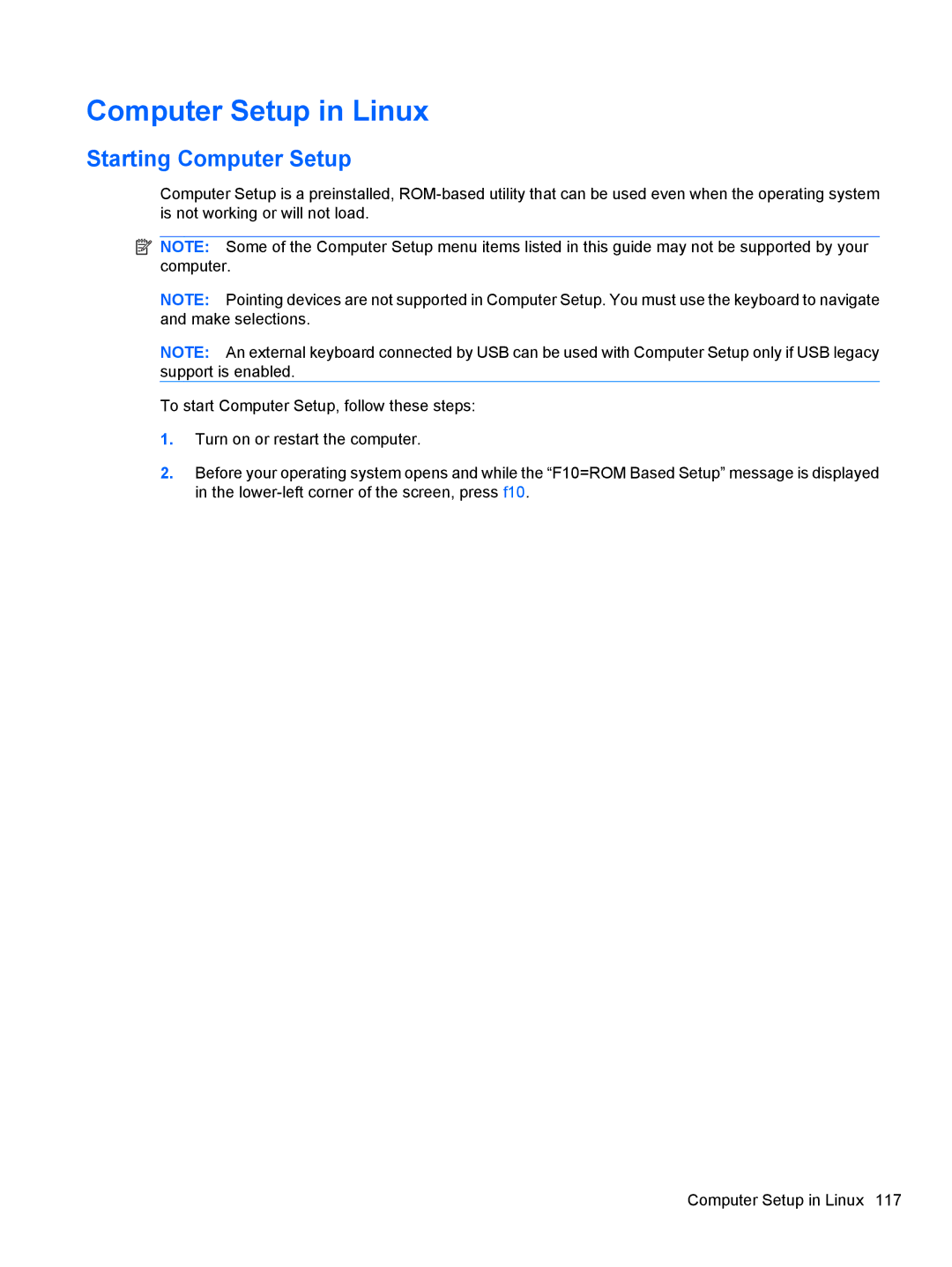 HP 4515S, 4416S, 4415S manual Computer Setup in Linux, Starting Computer Setup 