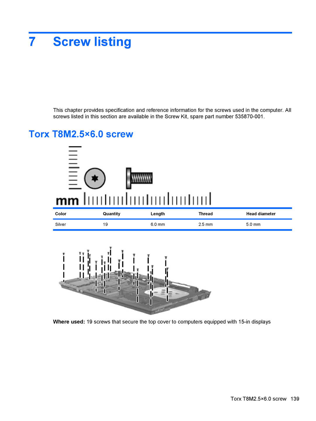 HP 4416S, 4515S, 4415S manual Screw listing, Torx T8M2.5×6.0 screw, Color Quantity Length Thread Head diameter Silver 