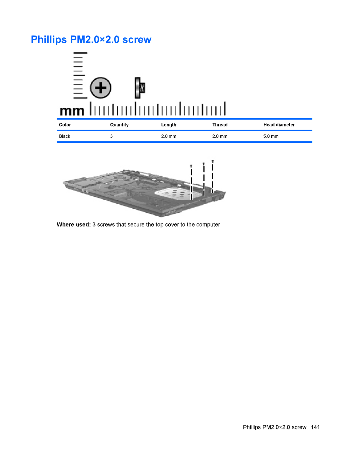 HP 4515S, 4416S, 4415S manual Phillips PM2.0×2.0 screw, Color Quantity Length Thread Head diameter Black 