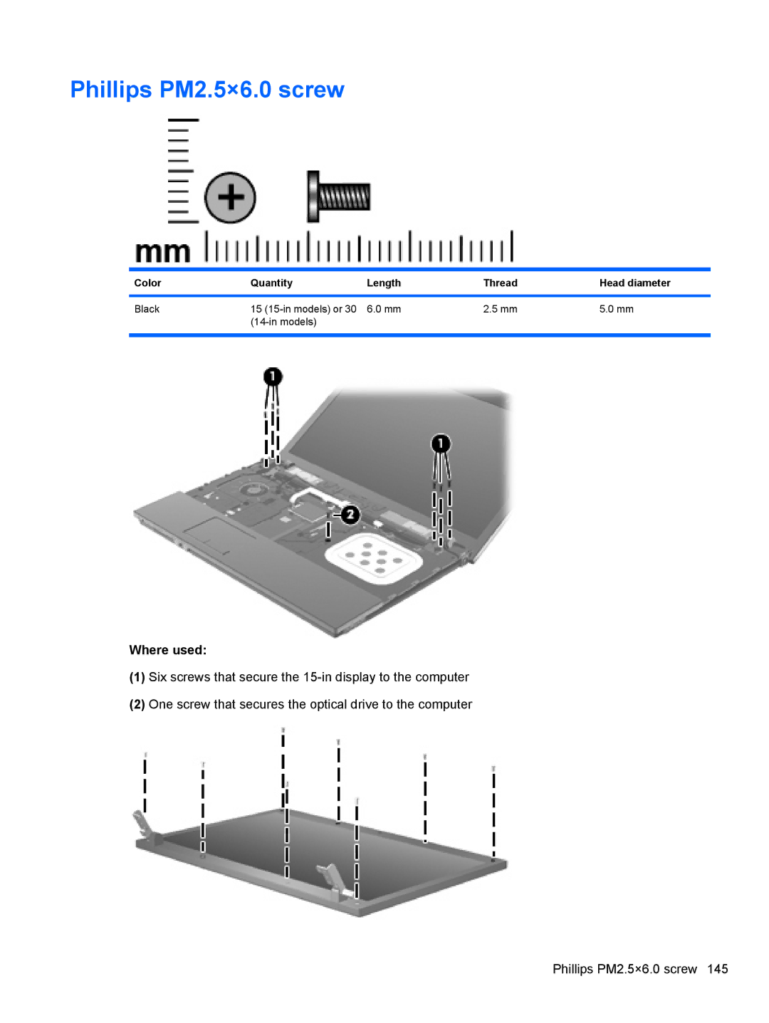 HP 4416S, 4515S, 4415S manual Phillips PM2.5×6.0 screw, Color Quantity Length Thread Head diameter 