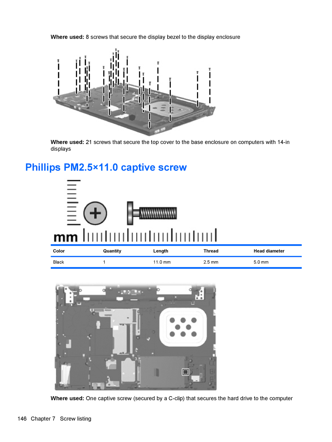 HP 4415S, 4515S, 4416S manual Phillips PM2.5×11.0 captive screw, Color Quantity Length Thread Head diameter Black 11.0 mm 