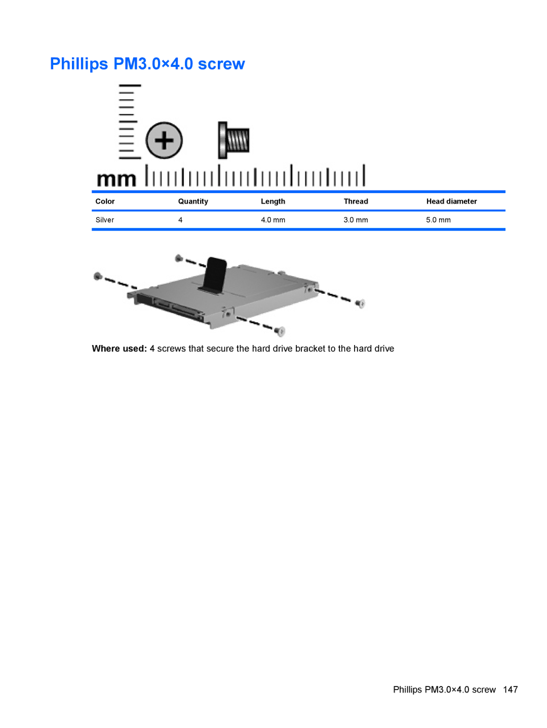 HP 4515S, 4416S, 4415S manual Phillips PM3.0×4.0 screw, Color Quantity Length Thread Head diameter Silver 