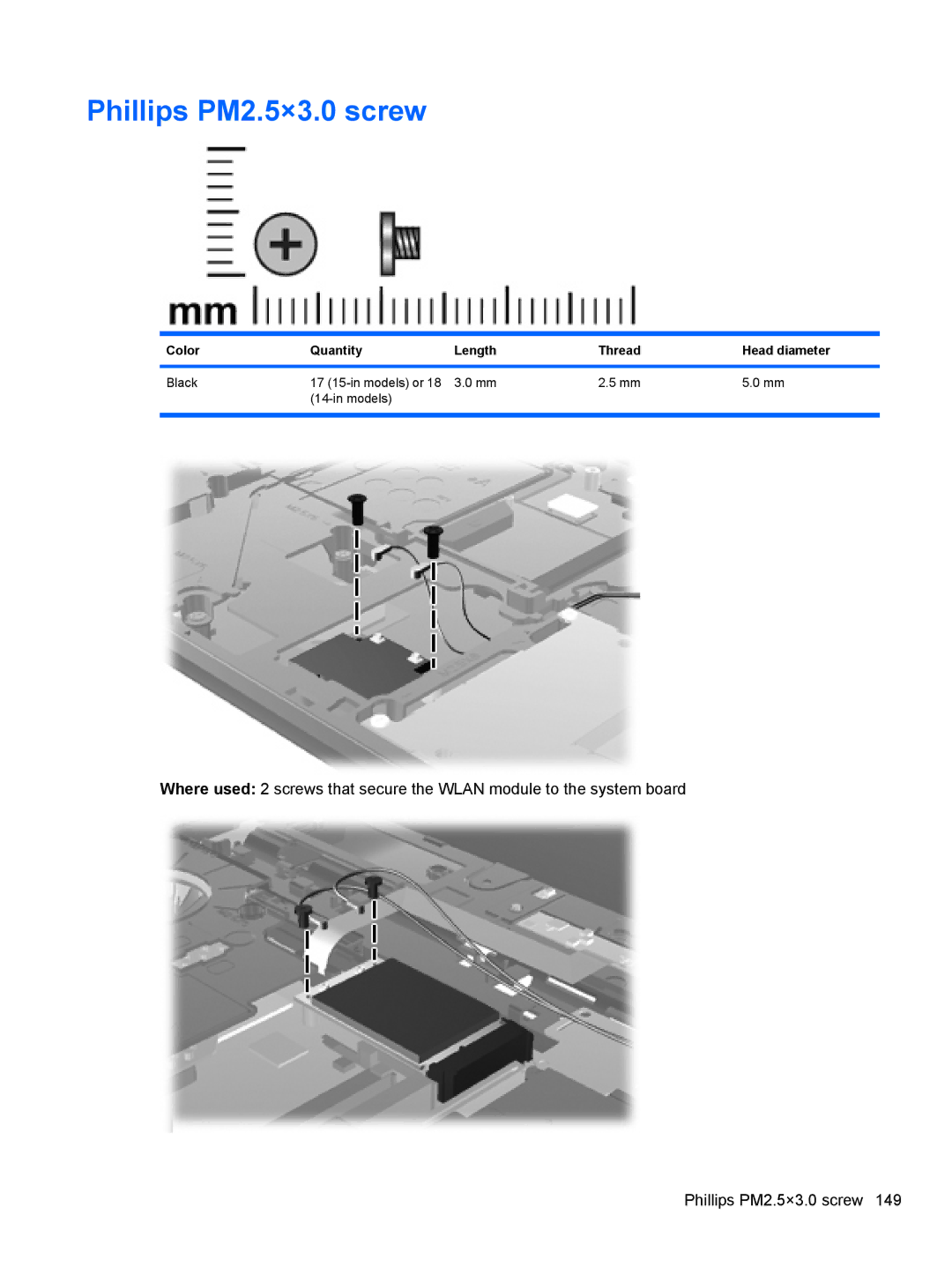 HP 4415S, 4515S, 4416S manual Phillips PM2.5×3.0 screw, Color Quantity Length Thread Head diameter 