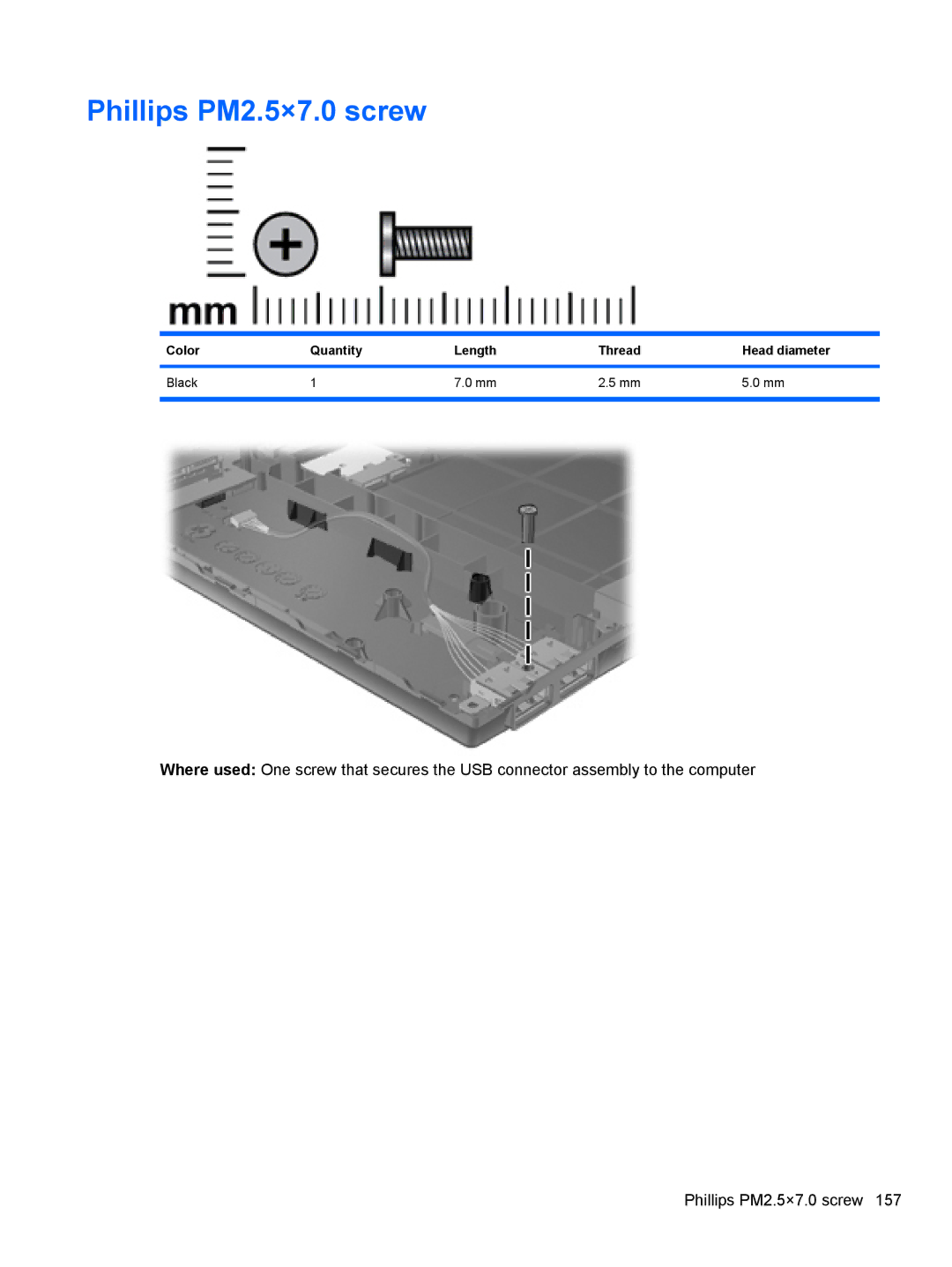 HP 4416S, 4515S, 4415S manual Phillips PM2.5×7.0 screw, Color Quantity Length Thread Head diameter Black 