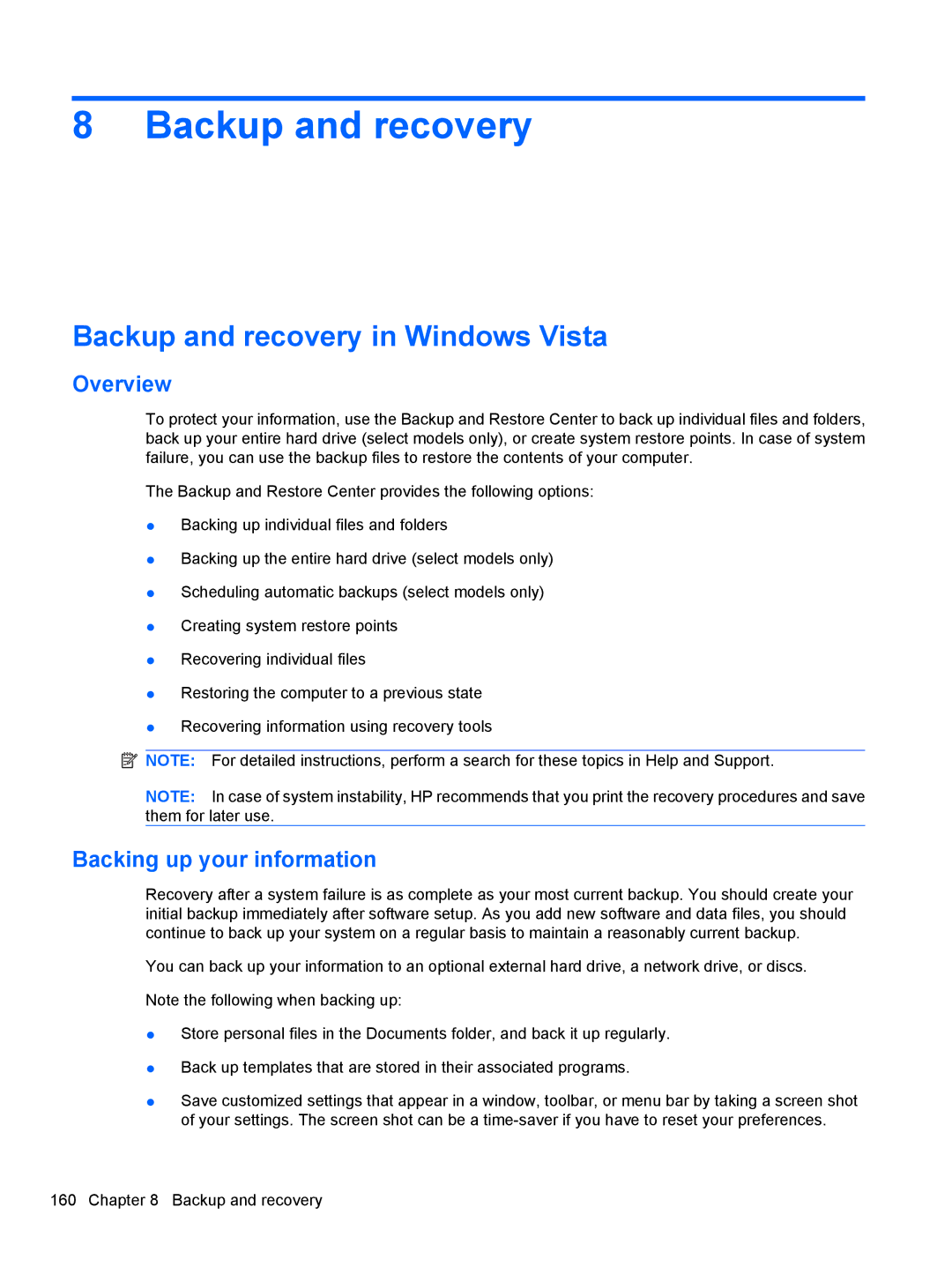 HP 4416S, 4515S, 4415S manual Backup and recovery in Windows Vista, Overview, Backing up your information 