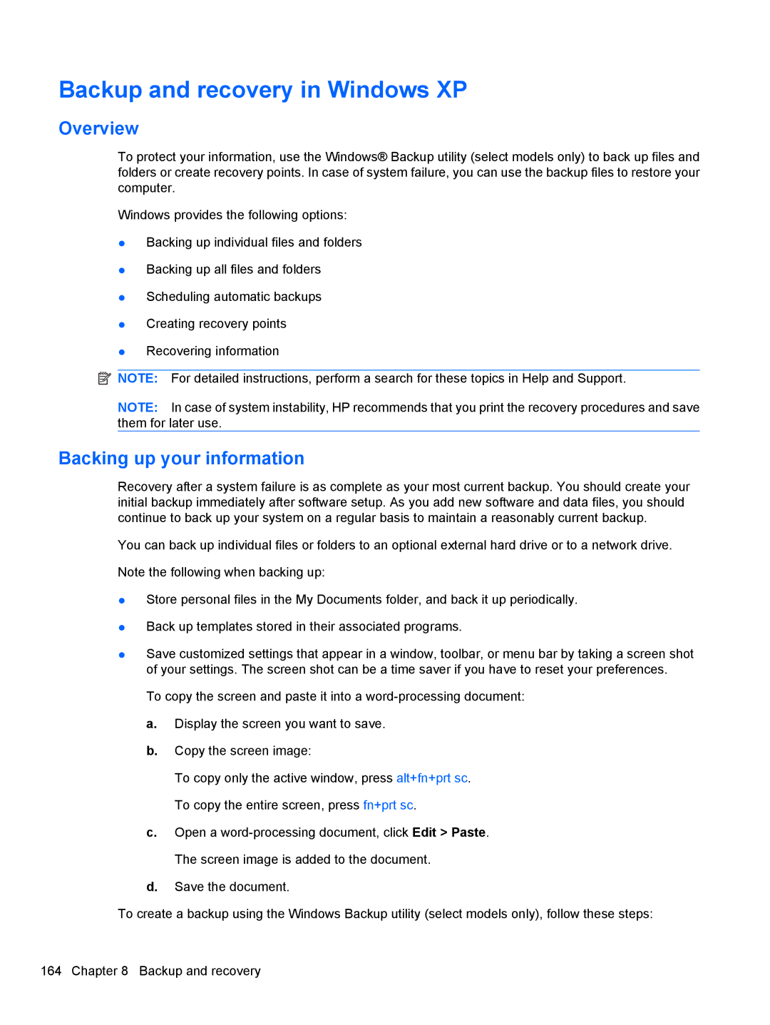 HP 4415S, 4515S, 4416S manual Backup and recovery in Windows XP, Overview 