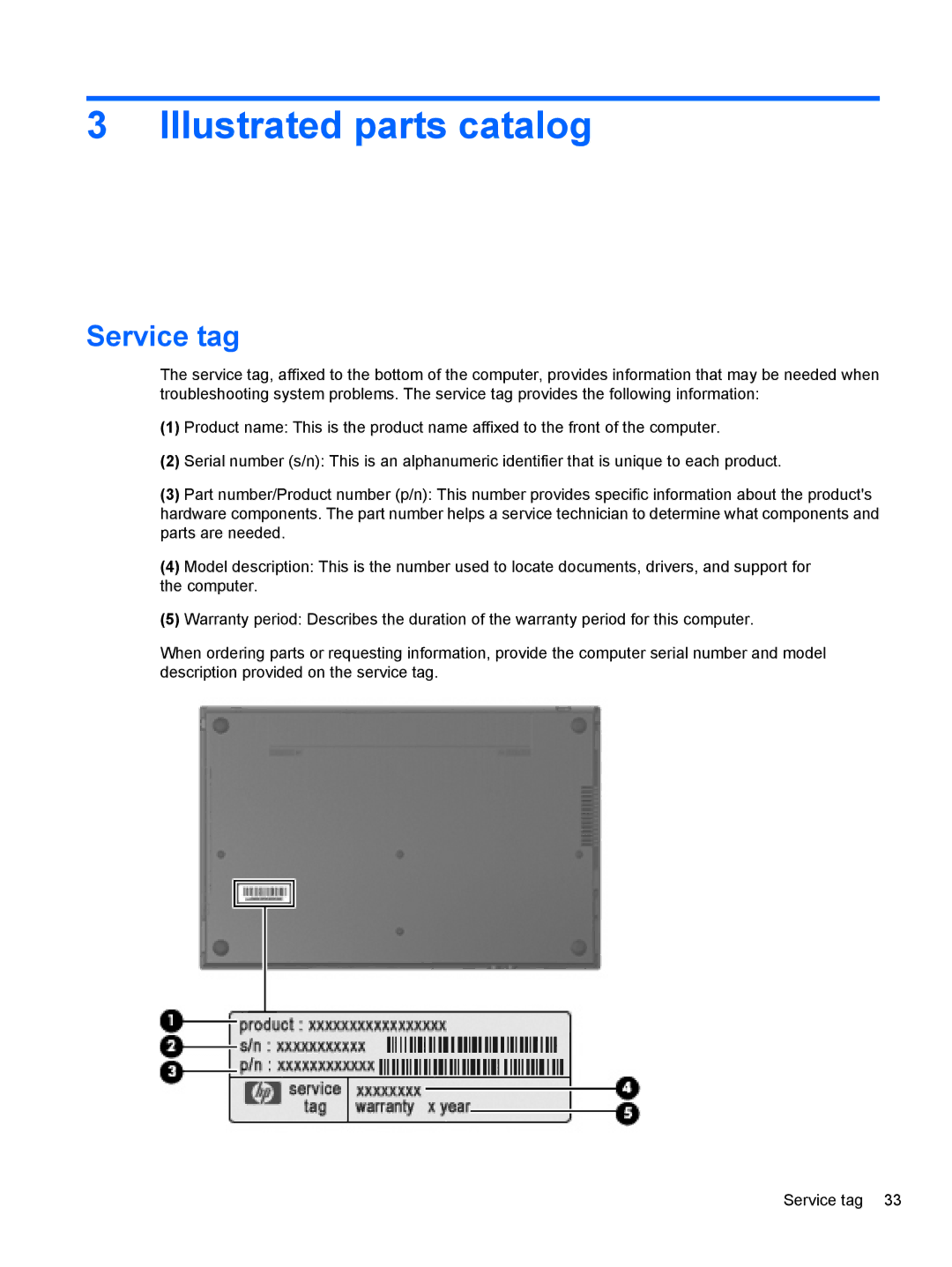 HP 4515S, 4416S, 4415S manual Illustrated parts catalog, Service tag 