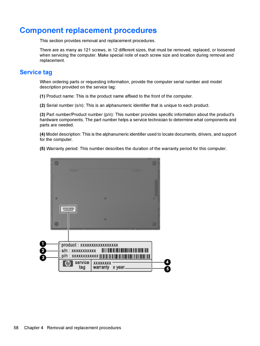 HP 4416S, 4515S, 4415S manual Component replacement procedures, Service tag 