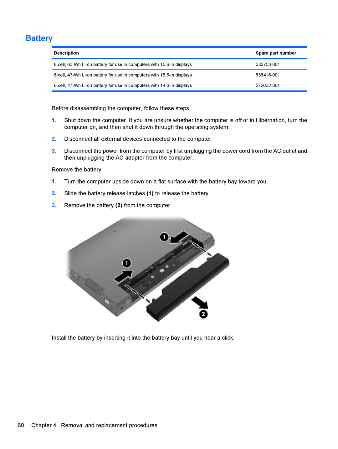 HP 4515S, 4416S, 4415S manual Battery, Description Spare part number 