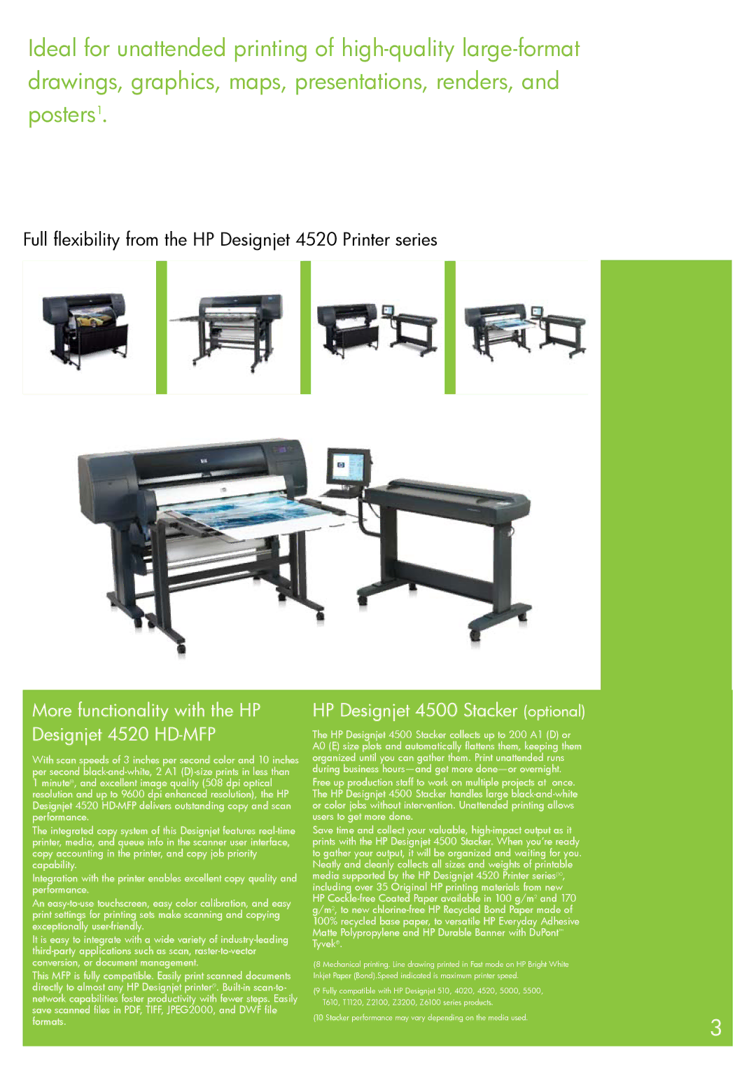 HP manual More functionality with the HP Designjet 4520 HD-MFP, HP Designjet 4500 Stacker optional 