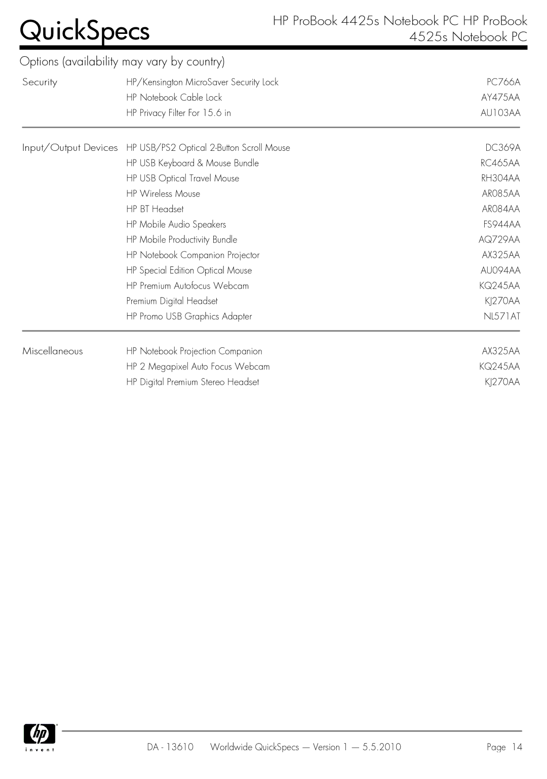 HP 4525S manual AY475AA, AU103AA, RC465AA, RH304AA, AR085AA, AR084AA, FS944AA, AQ729AA, AX325AA, AU094AA, KQ245AA, KJ270AA 